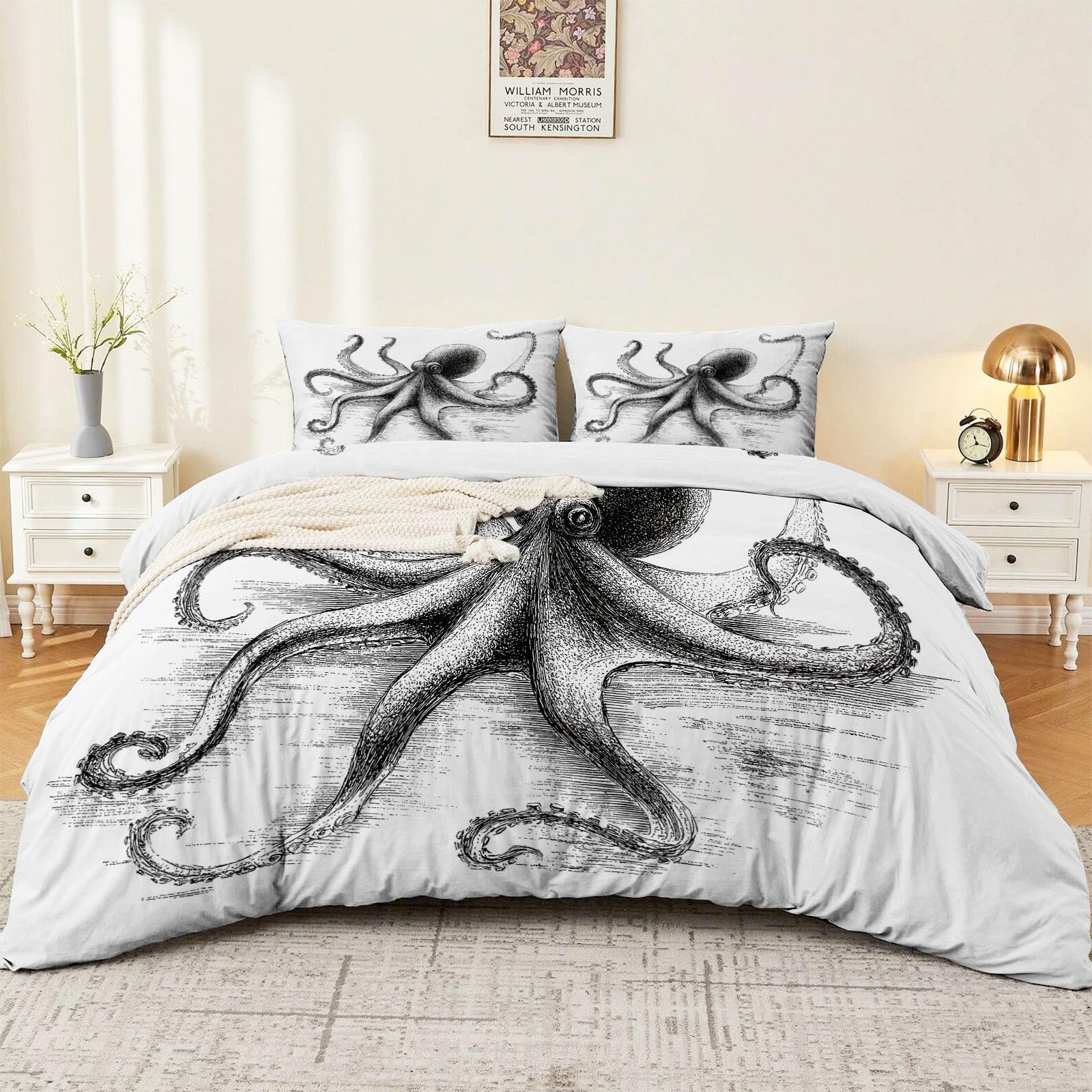 Biała, oddychająca poszewka na kołdrę, 230 x 220 cm, tajemnicze zwierzę morskie, ośmiornica, miękka, łatwa w pielęgnacji, z mikrofibry, portret zwierzęcy, zestaw pościeli z zamkiem błyskawicznym i