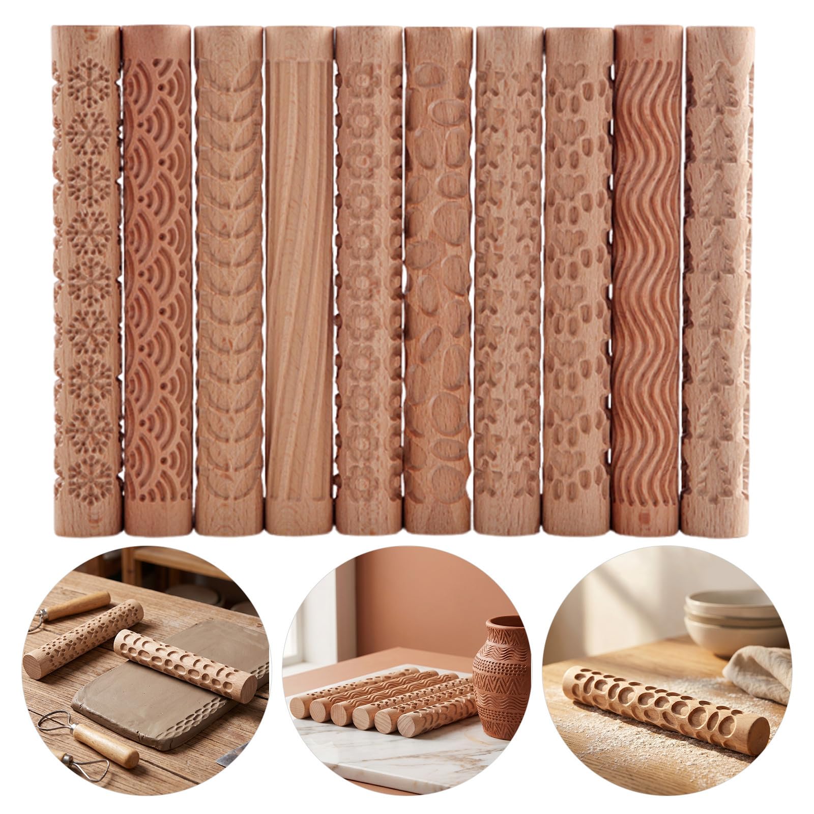 Kichvoe Set 10 Pezzi Mattarelli in Legno Manico per Argilla e Pasta Polimerica, Incisioni Naturali e Design a Bordo per Sessioni di Arte Familiare e Formazione Adulti