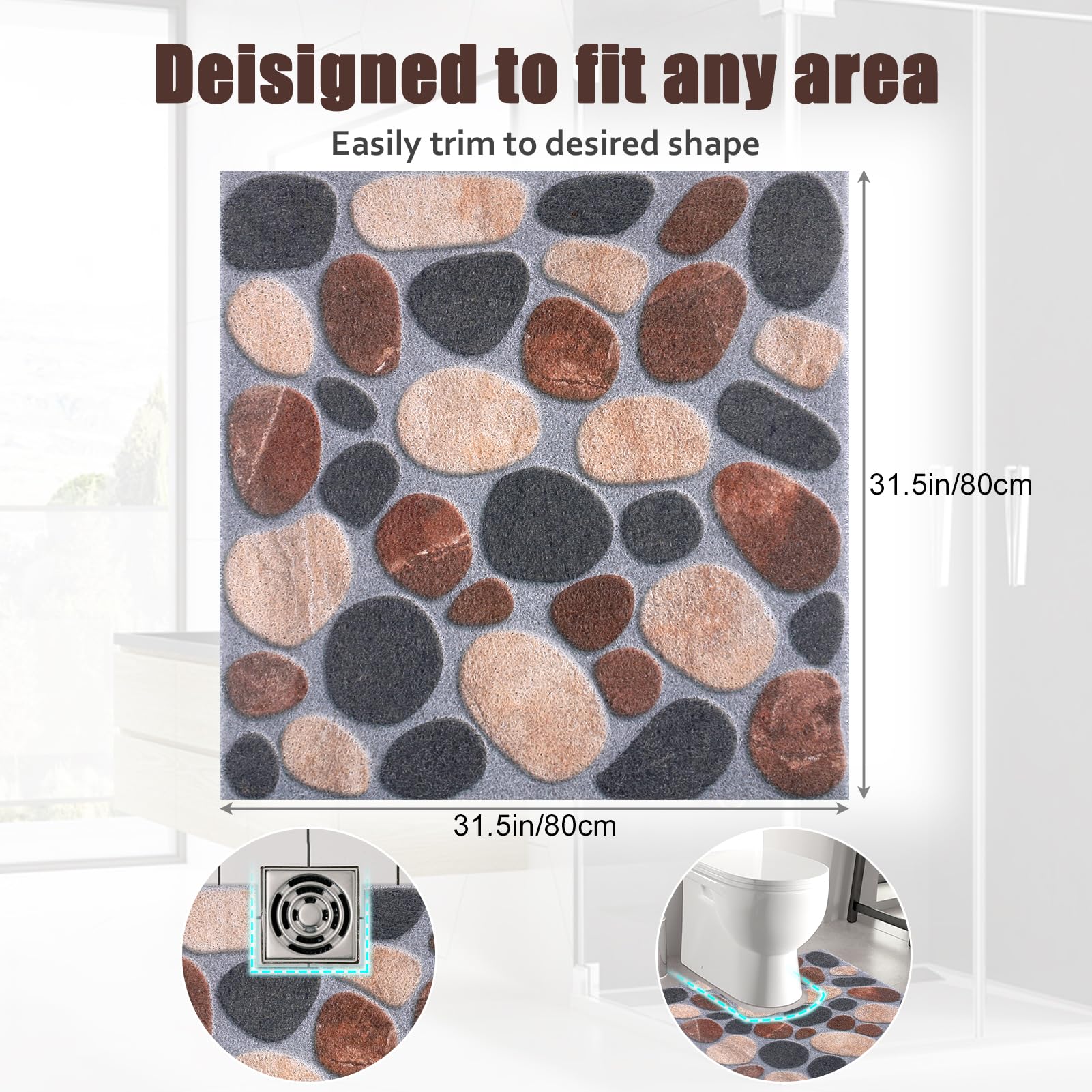 Quadratische Duschmatte rutschfest, 80 x 80 cm, große Badematte, rutschfest, Anti-Schimmel für Innendusche, weich strukturiert, mit Abflusslöchern, brauner Luffa-Massagematte, Fußschrubber für