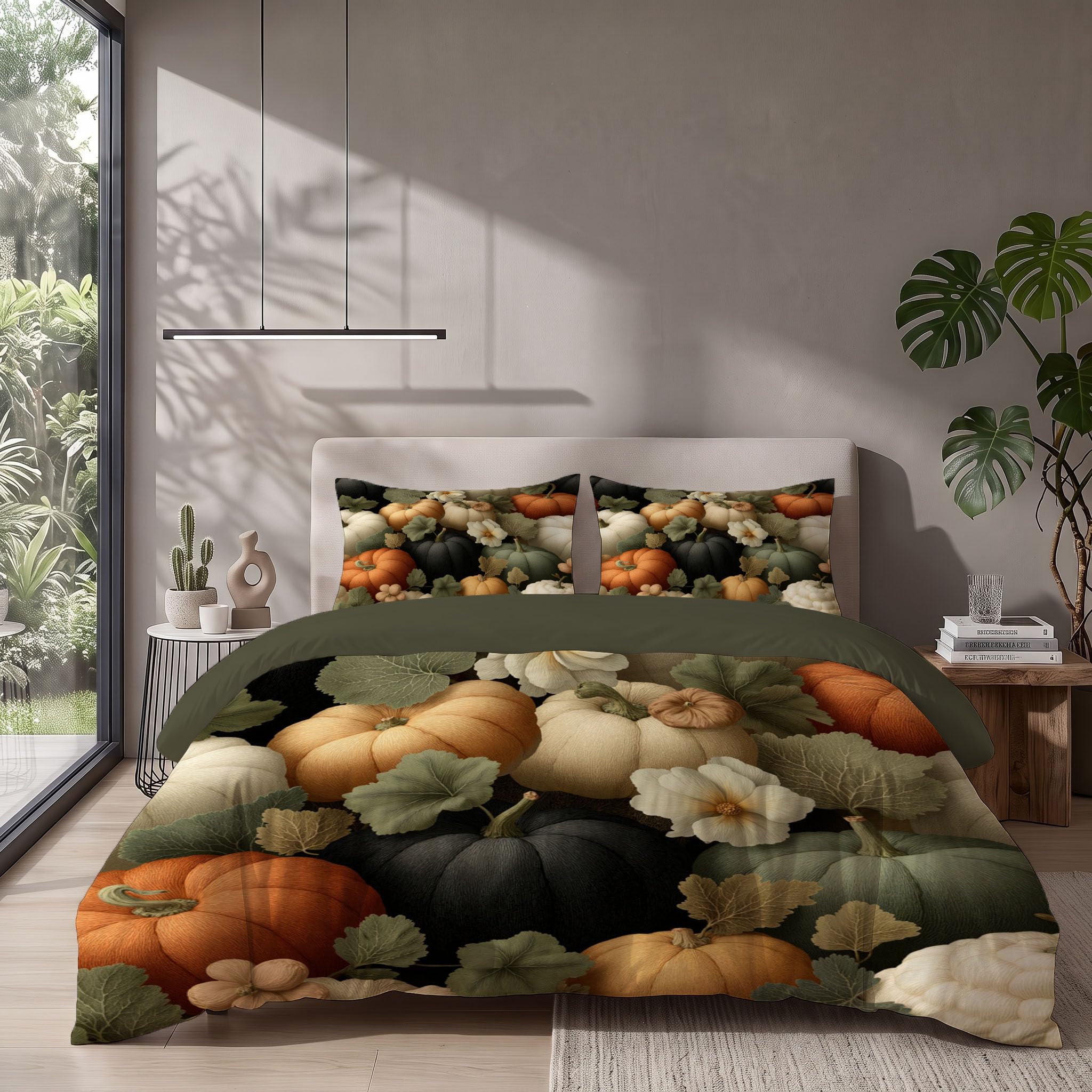 Housse de Couette 200x200cm Plantes à l'aquarelle Floral Parure de lit Adulte | 2 Personnes Fleurs et feuilles blanches citrouille en Microfibre Linge de lit avec Fermeture Éclair et 2 Taie d'oreiller