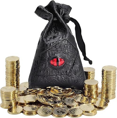 DND - Monedas de fantasía, 50 fichas del tesoro de metal dorado antiguo con bolsa de cuero, botín de juegos, accesorios y accesorios para mazmorras