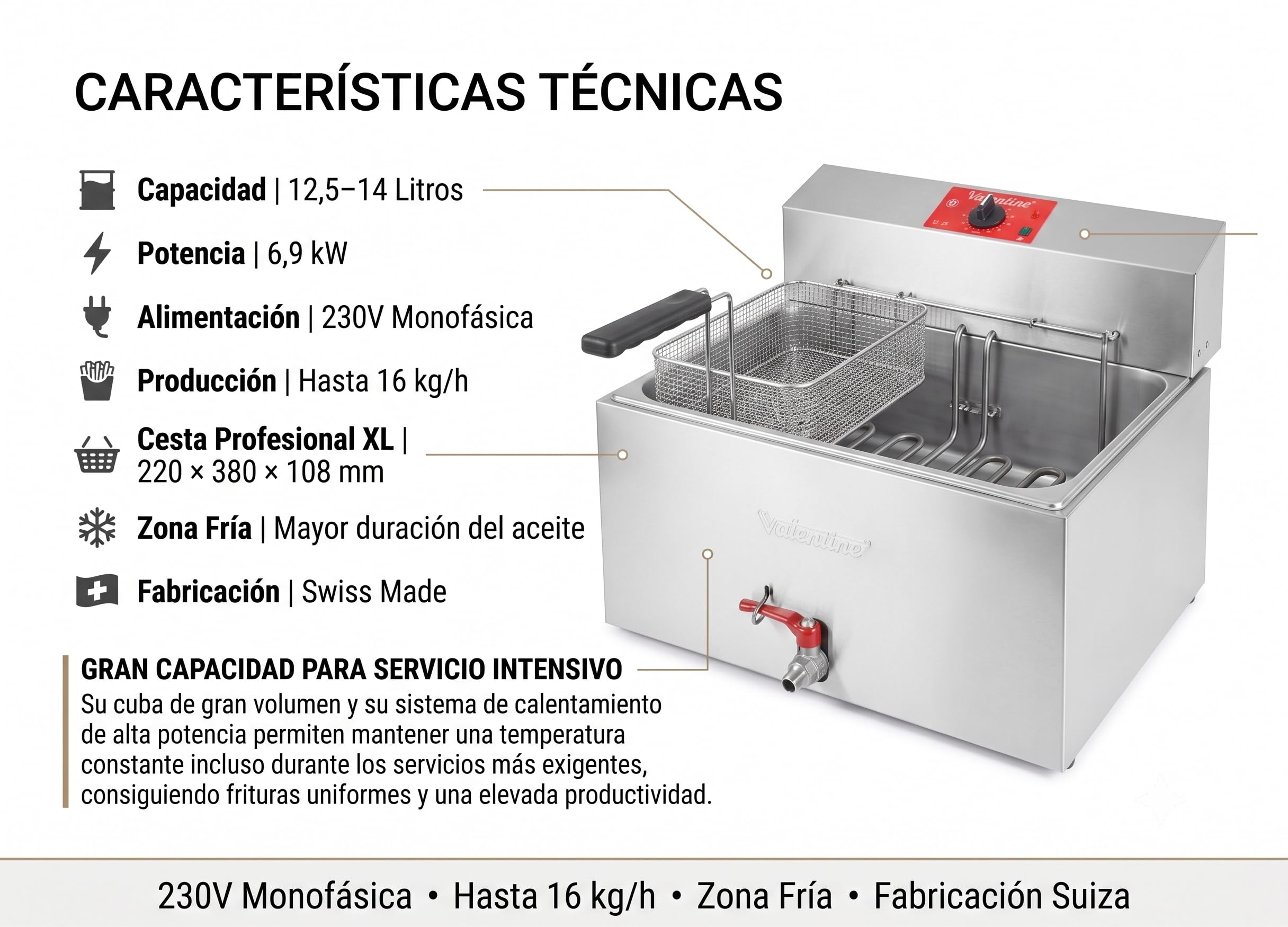 Freidora Industrial 14 Litros Swiss Made | Freidora de Aceite Profesional para Hostelería en Acero Inoxidable con Zona Fría y Alto Rendimiento