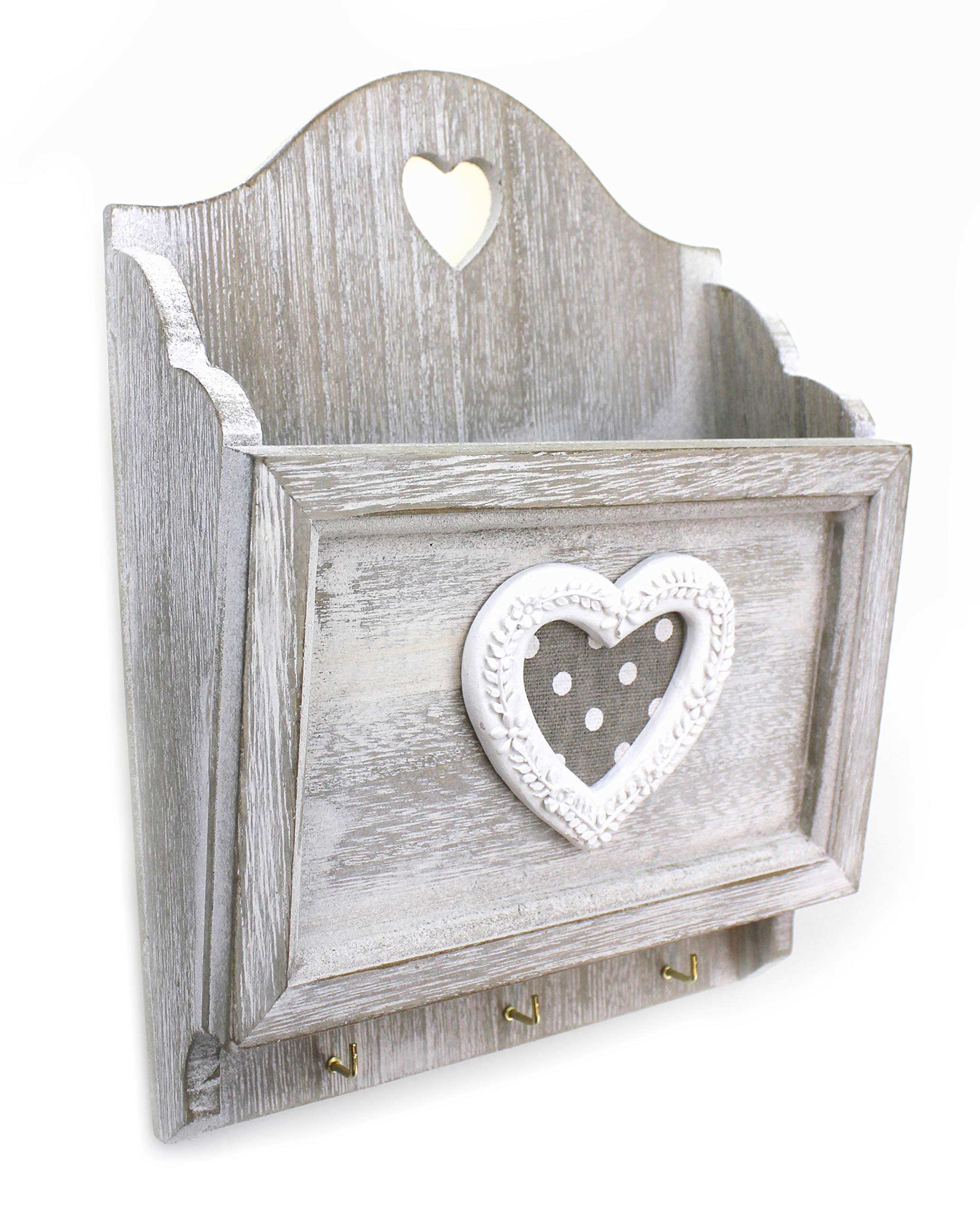Kartenhalter Postablage mit Schlüsselbrett Haken für Schlüssel 17x24 cm, Holz Shabby Grau Weiß mit Herz Landhaus Vintage Briefablage Briefhalter