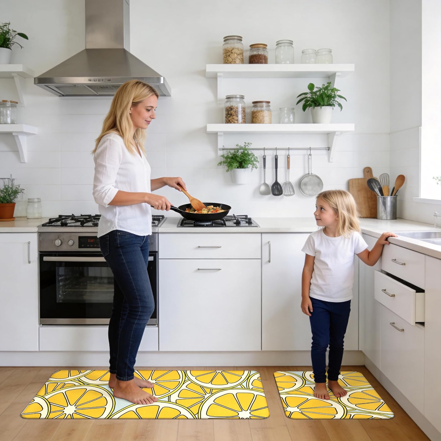Yellow Lemon Pattern Kitchen Rugs Mats for Floor Boho 2 Piece Memory Foam Padded Kitchen Mats Anti Fatigue Non Slip Cushioned Comfort Standing Mat, 17.3x28+17.3x47 Inch