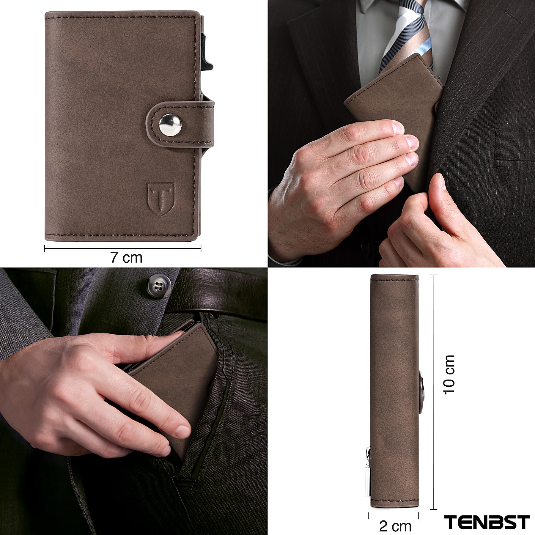 TENBST Portafoglio Uomo Slim, Piccolo Pelle Portamonete, RFID Porta Carte di Credito Uomo, Portatessere Anticlonazione con Bottone, Marrone, Box Regalo