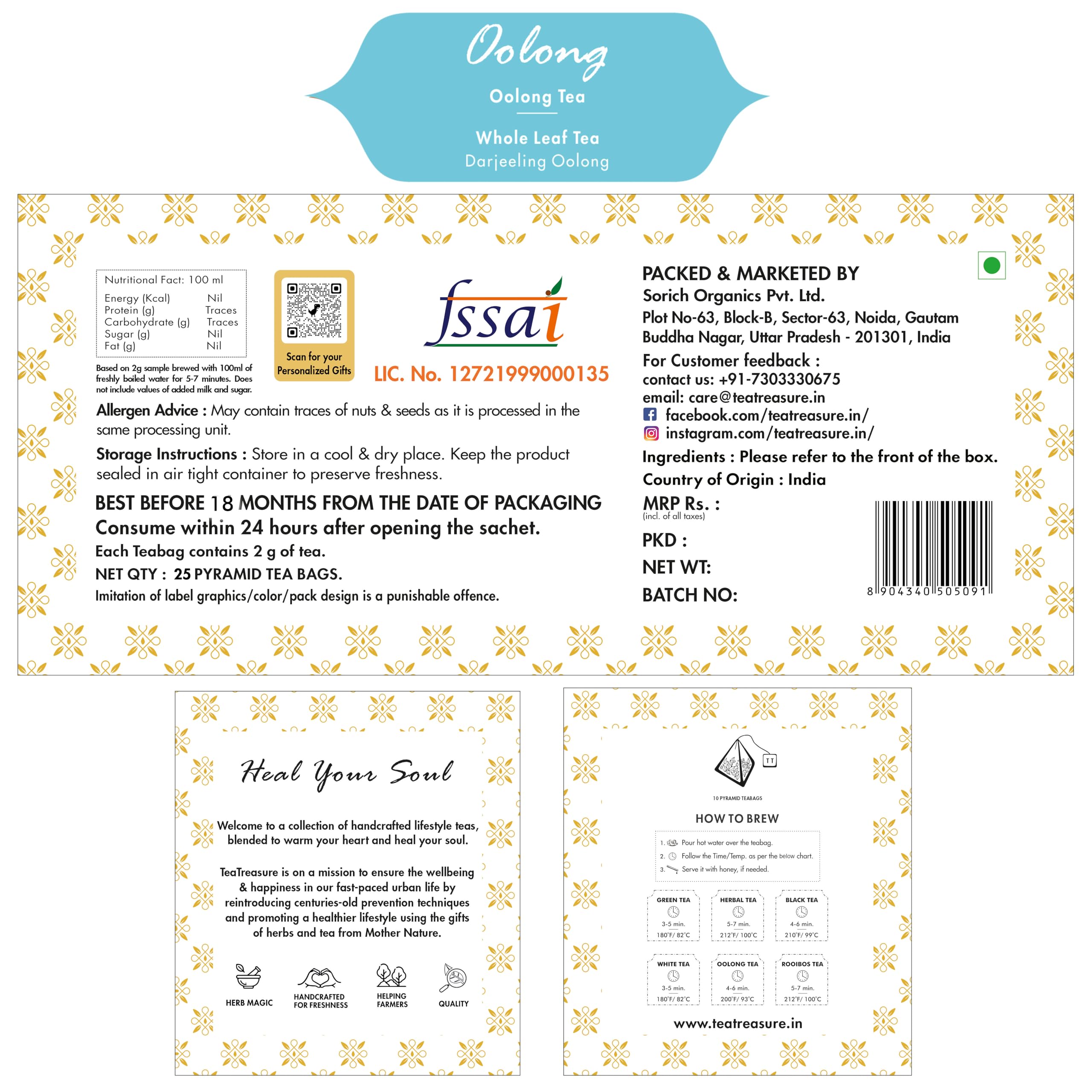 Tea Treasure Darjeeling Oolong Whole Leaf | Supports Metabolism, Obesity, High Blood Sugar & Cognitive Decline |Antioxidant Rich Infusion | Smooth Floral Taste -50 Tea Bag