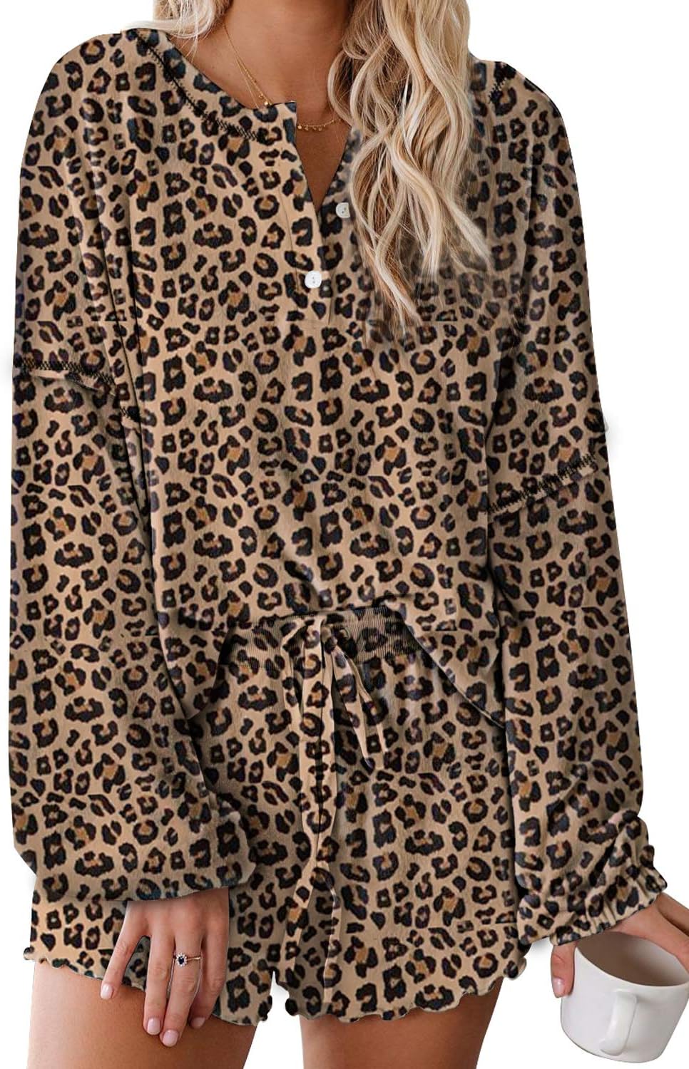 Lopie Womens Lounge Sets 2 Piece Pajamas Set Long Sleeve Tops and Shorts Sleepwear Tie Dye Printed Nightwear