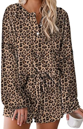 Lopie Womens Lounge Sets 2 Piece Pajamas Set Long Sleeve Tops and Shorts Sleepwear Tie Dye Printed Nightwear