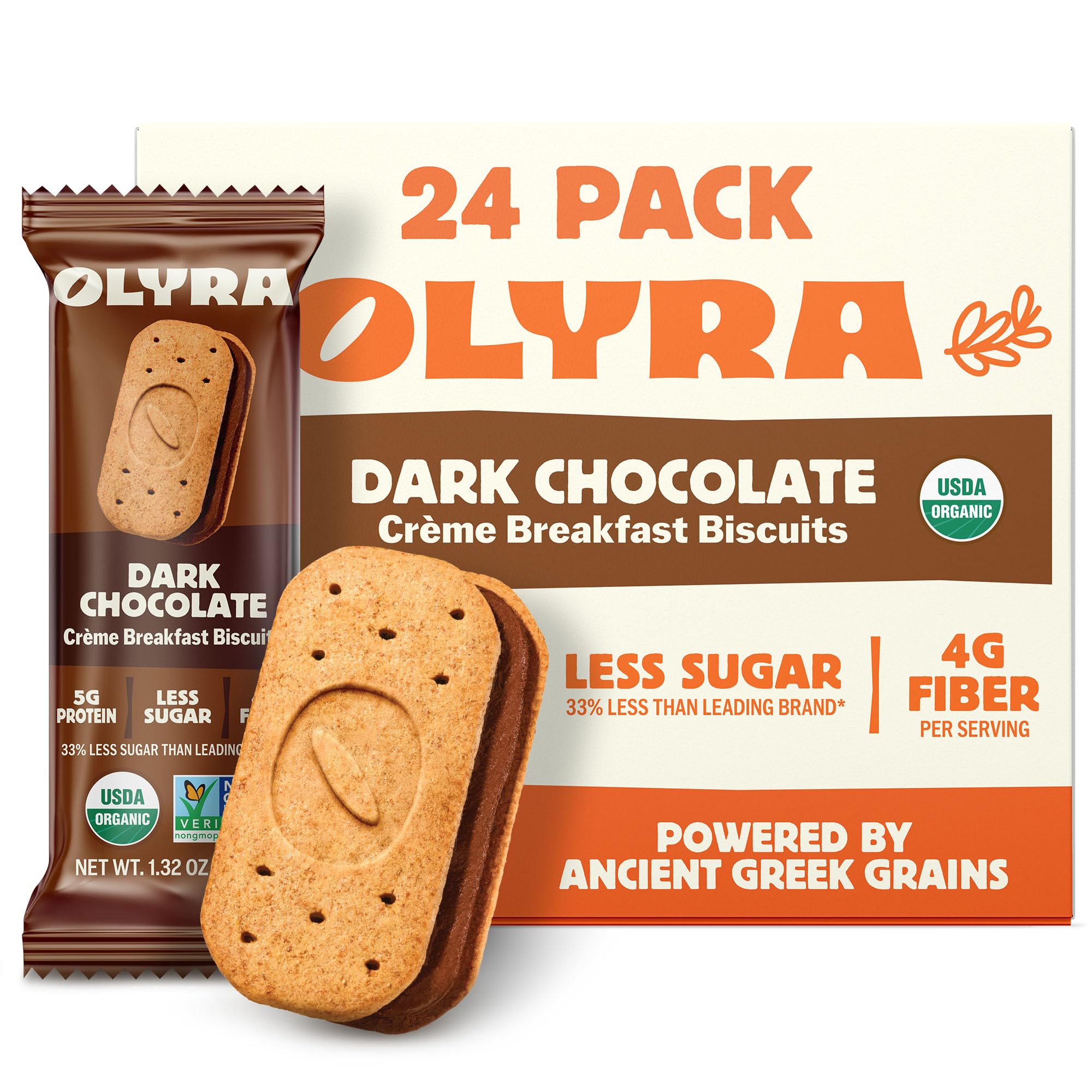 Olyra Dark Chocolate Sandwich Breakfast Biscuits, Healthy Snacks for Adults and Kids, Low Sugar, Organic Vegan Cookies, Office Snacks, USDA Certified, Non GMO 24 PacksUSDA Organic