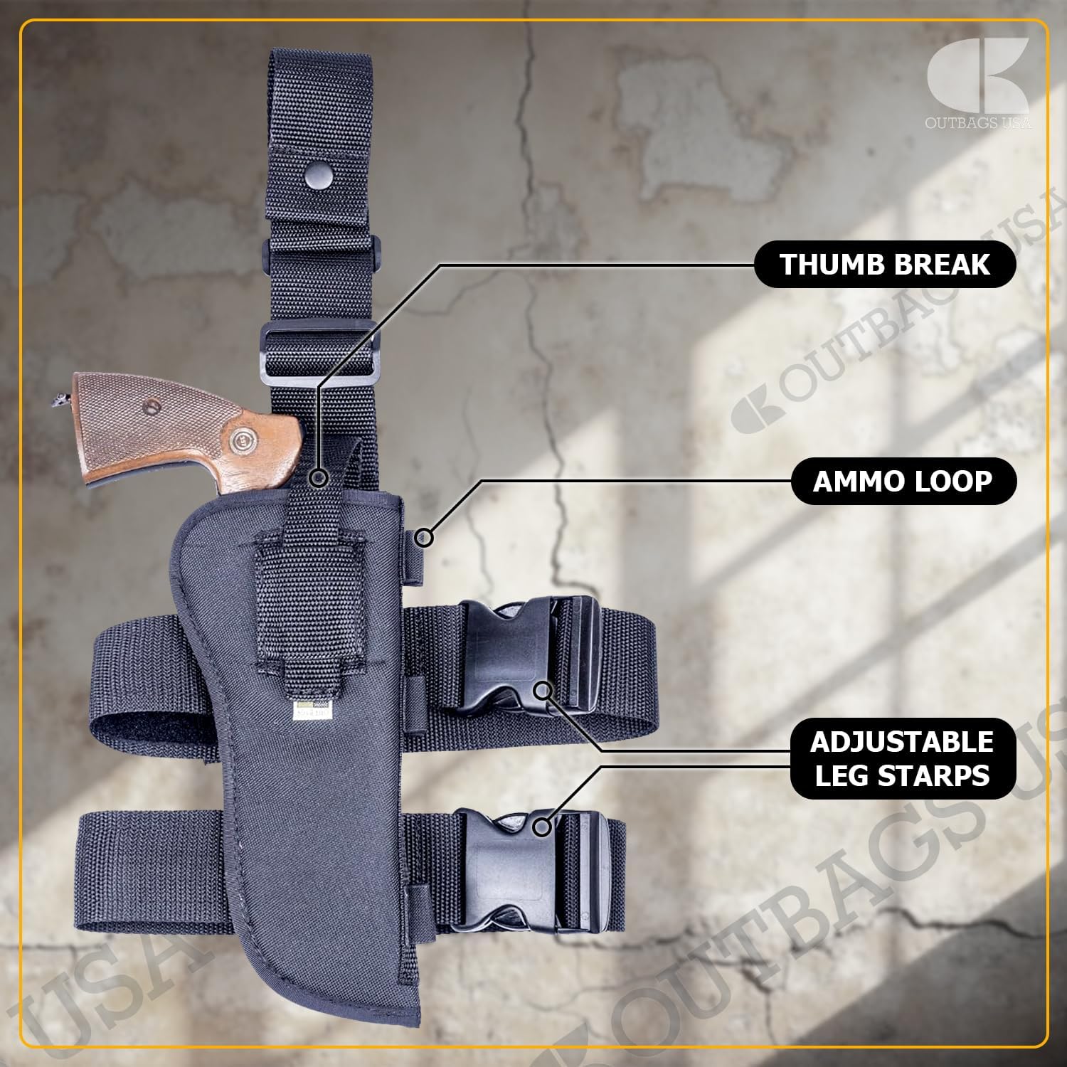 OUTBAGS USA NTAC12 Premium Nylon Drop Leg Thigh Holster with Bullet Shell Ammo Loops - Fits Most 7.5" to 8" Barrel 6-Shot Standard Size Revolvers – Tactical Double Leg Straps, Made in USA