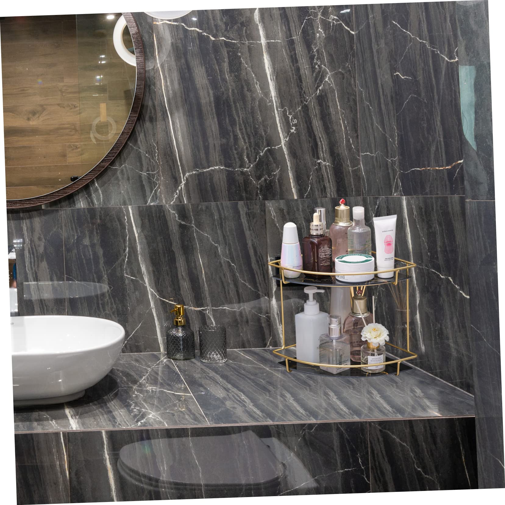 Mensola a 2 Livelli Angolare in Ferro e Vetro Bagno | Organizzatore per Shampoo e Articoli Doccia, Nero, per Bagno e Piano Cucina