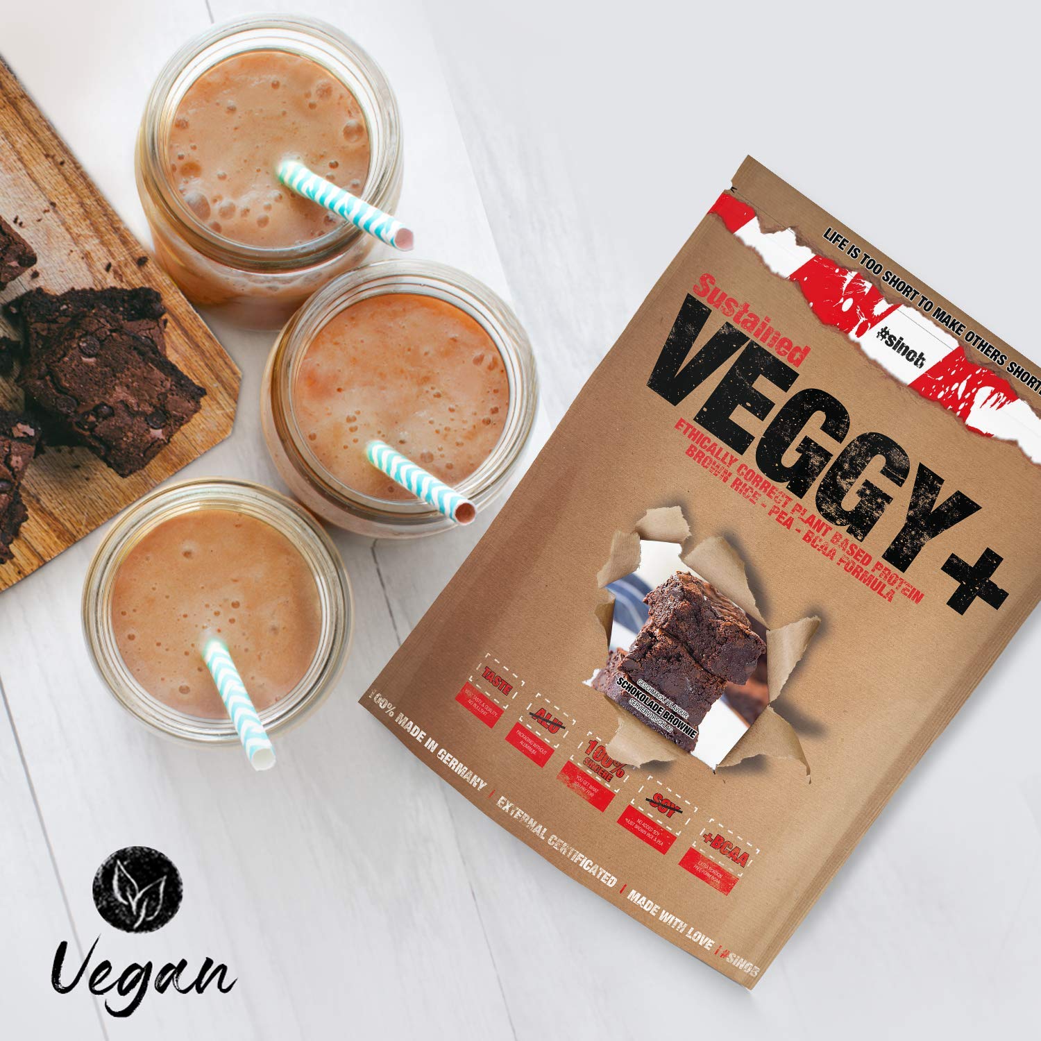 sinob Veggy+ (Brownie al Cioccolato) Polvere di Proteine Vegane a Base di Proteine in Polvere di Riso e Piselli + BCAA. 1 x 900 g