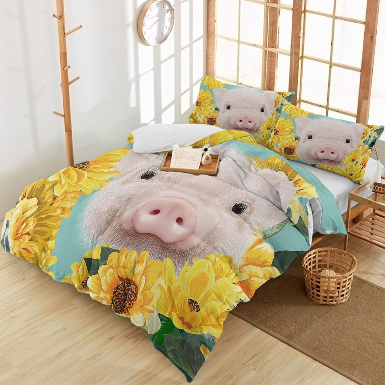 Nеw Arrіvаlѕ SUN-Shine 3 Pieces Bedding Duvet Cover Set Cute Farm Pig with Watercolor Sunflowers, Super Soft Luxury Quilt Covers and Pillow Cases for Kids/Teens/Adults/Men/Women Bedroom Decor, Country Style