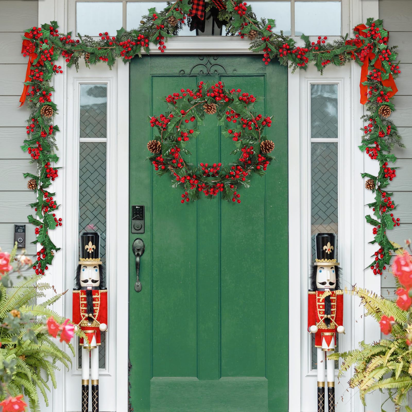 Dremisland Guirnalda De Navidad 1.75m Guirnalda Navideña con Bayas Rojas y Piñas De Pino Vides Rojas Decoración Navideña Ghirlanda Navidad para Escaleras y Chimeneas Navideñas