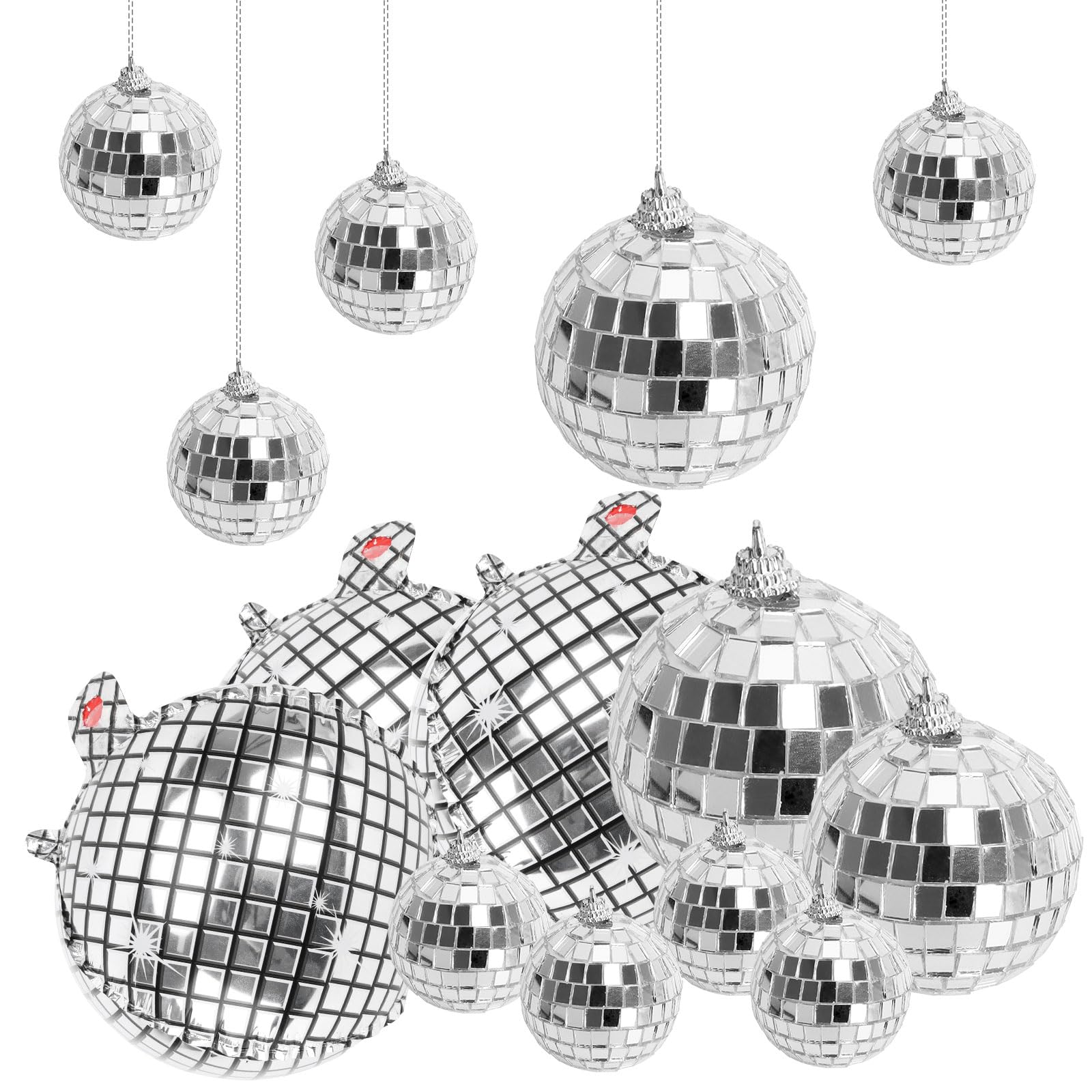 Kit De 25 Boules à Facettes Disco Argentées - 4 Tailles (3,4,5,6 Cm) Avec Corde - Décoration Fête, Noël, Mariage - 3