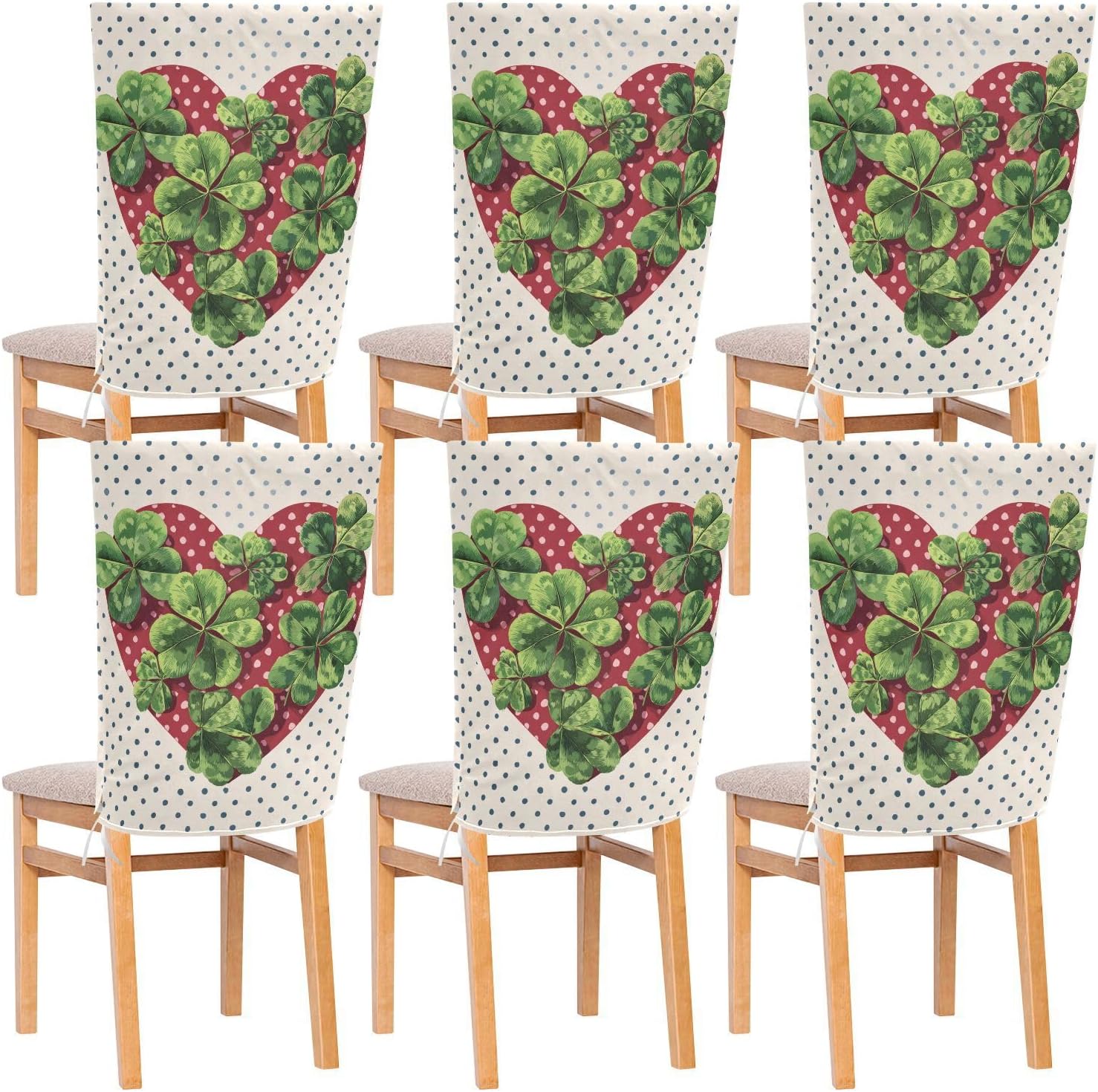 ALAZA Vintage Hearts Clovers Polka Dots Chair Back Cover Set of 6, Washable Reusable Removable Chair Slipcovers Decorative Chair Cover for Home Kitchen Wedding Party