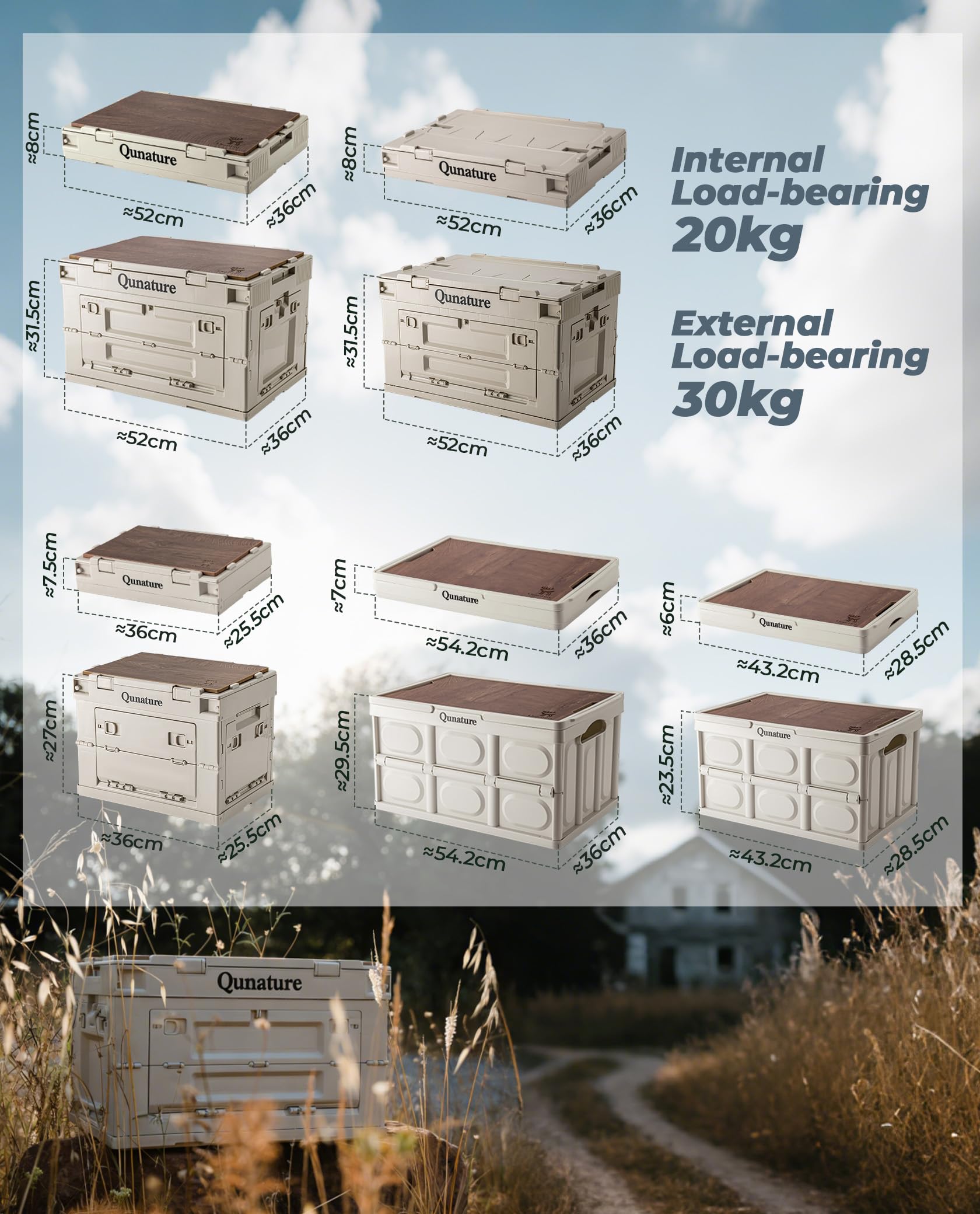 Boîte Camping Pliable 26L/55L/60L Caisse Rangement 5 Voies Ouvertures avec Couvercle Bois Planche Comme Billot Table Voyage Famille Coffre Voiture PP Blanc Charge Interne 30kg Externe 50kg