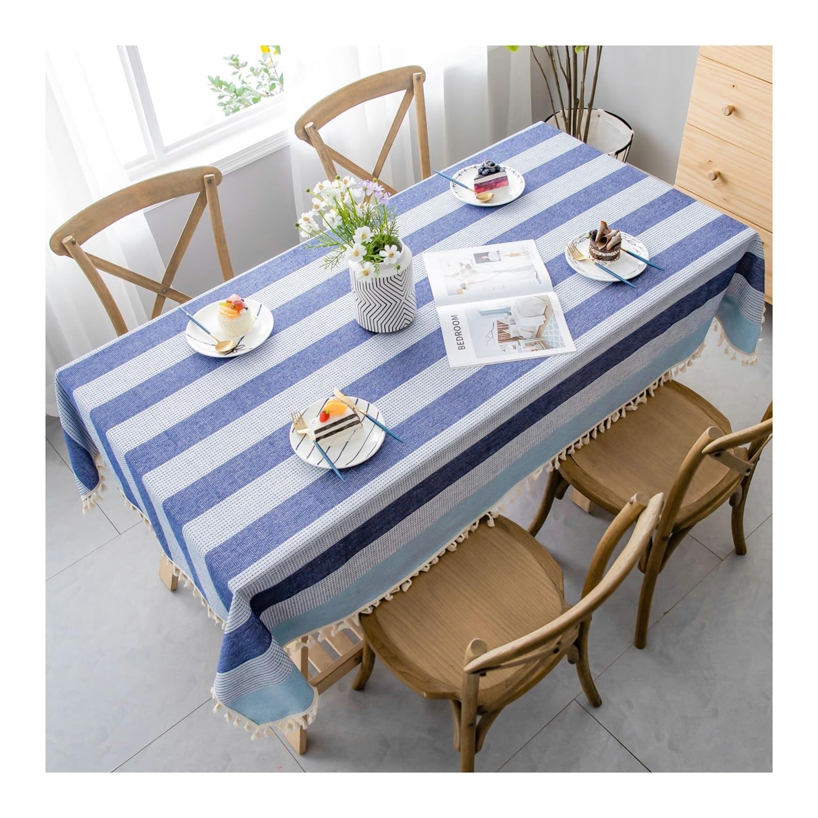 Nappe bleue verte rayures en coton lin 110x170cm anti tache pour decoration table