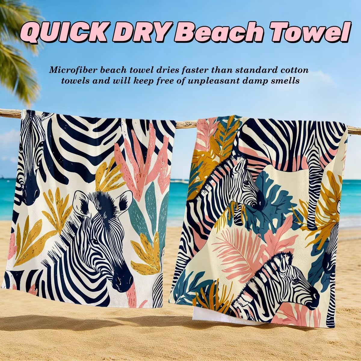 Toalla Playa 90x200 cm, Toalla Gimnasio Microfibra Secado Rapido, Juego de 2 Antiarena Toallas de Playa, Ligera Compacta Toallas Microfibra Grande para Viaje, Regalo Hombre Regalo Mujer (Cebra) -5059
