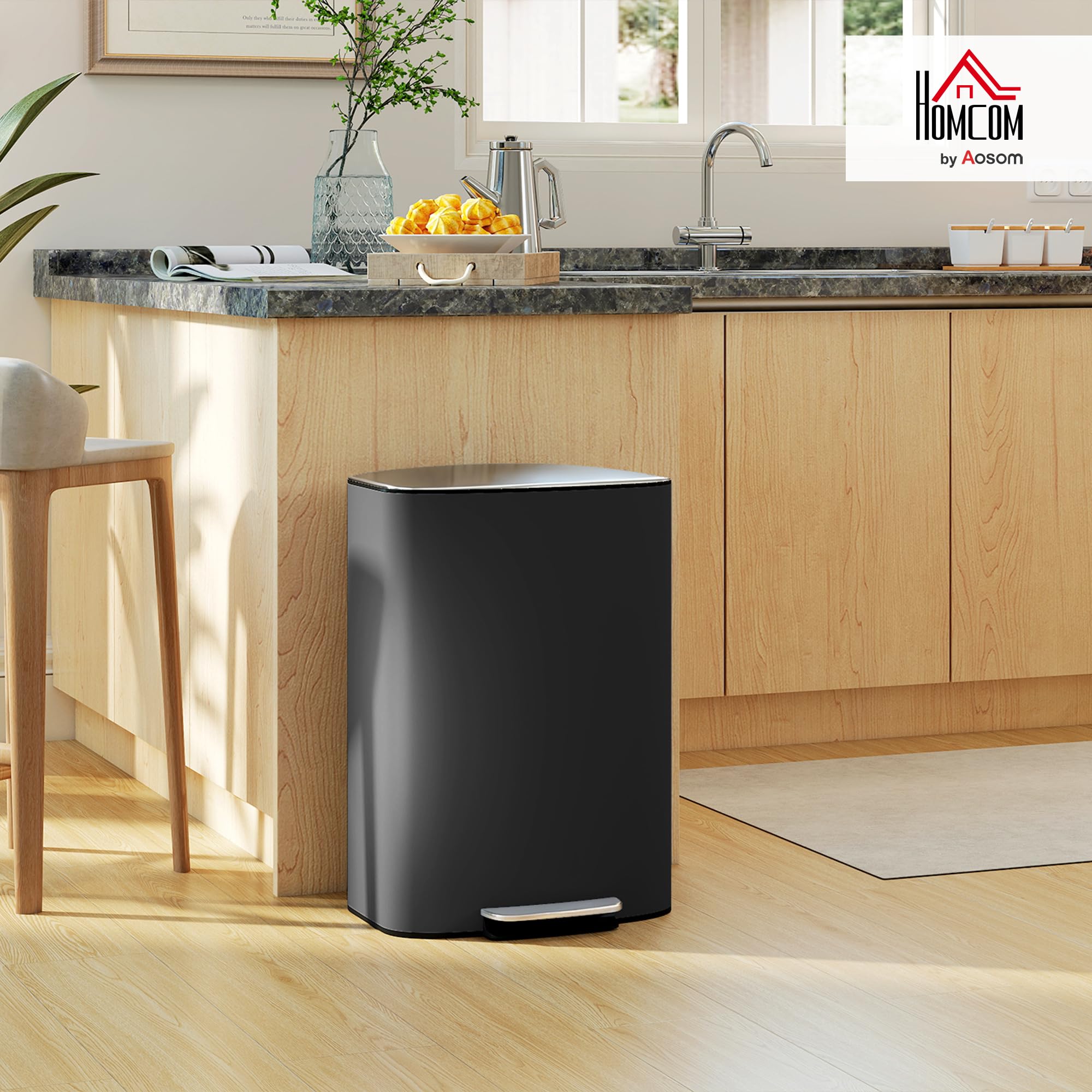 HOMCOM Poubelle Cuisine 50L à Pédale Seau Intérieur Amovible Poignées Noir