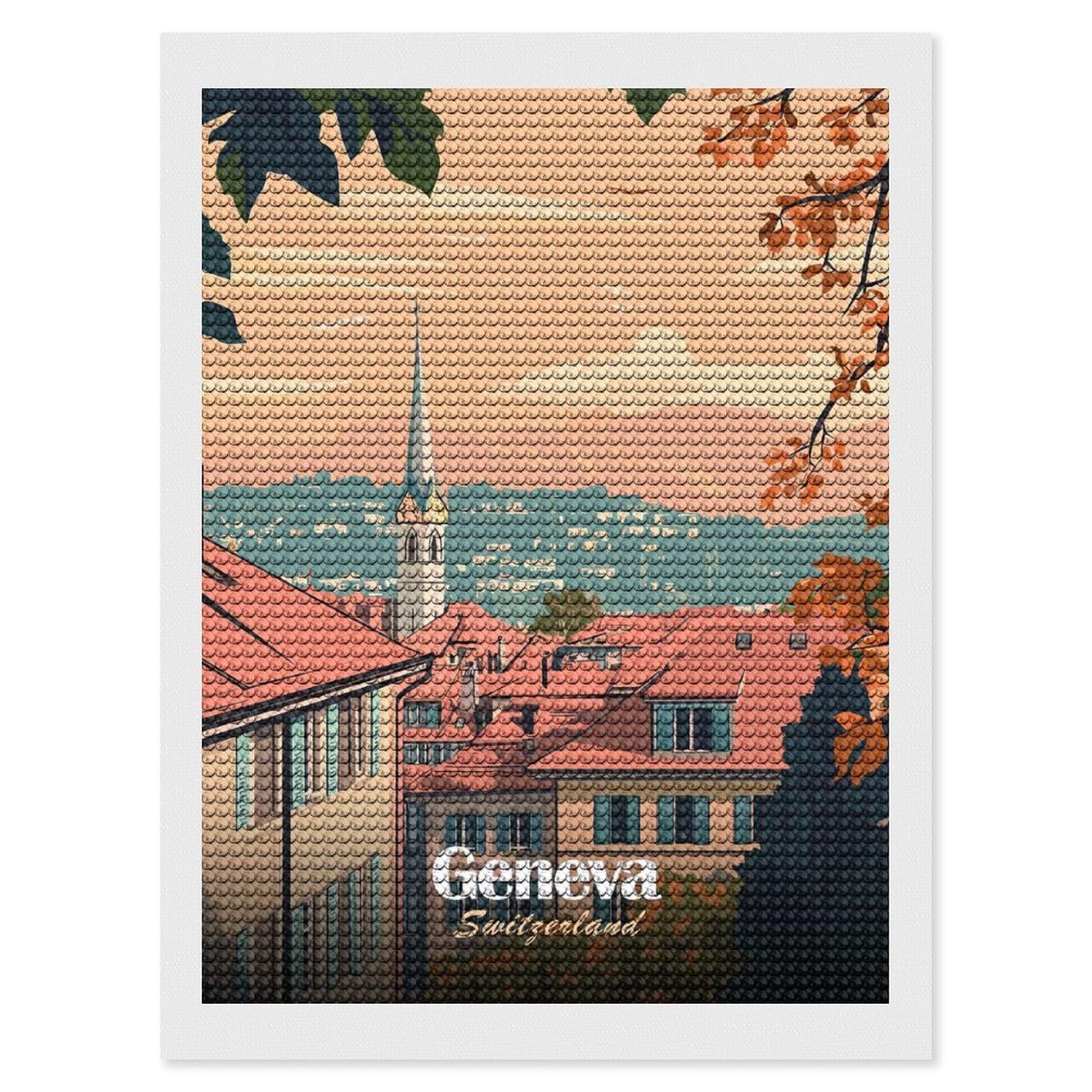 Junmoney Geneva Switzerland Cityscape Travel Diamond Art Kit 12"x16", Gift Idea, for Family Craft Time, Mindful Craft Activity, Boho Decor, Relaxing DIY Hobby