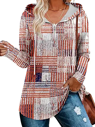 BETTE BOUTIK Womens Quarter Zip Tunic Hoodies Pullover Long Hooded Sweatshirts S-3XL