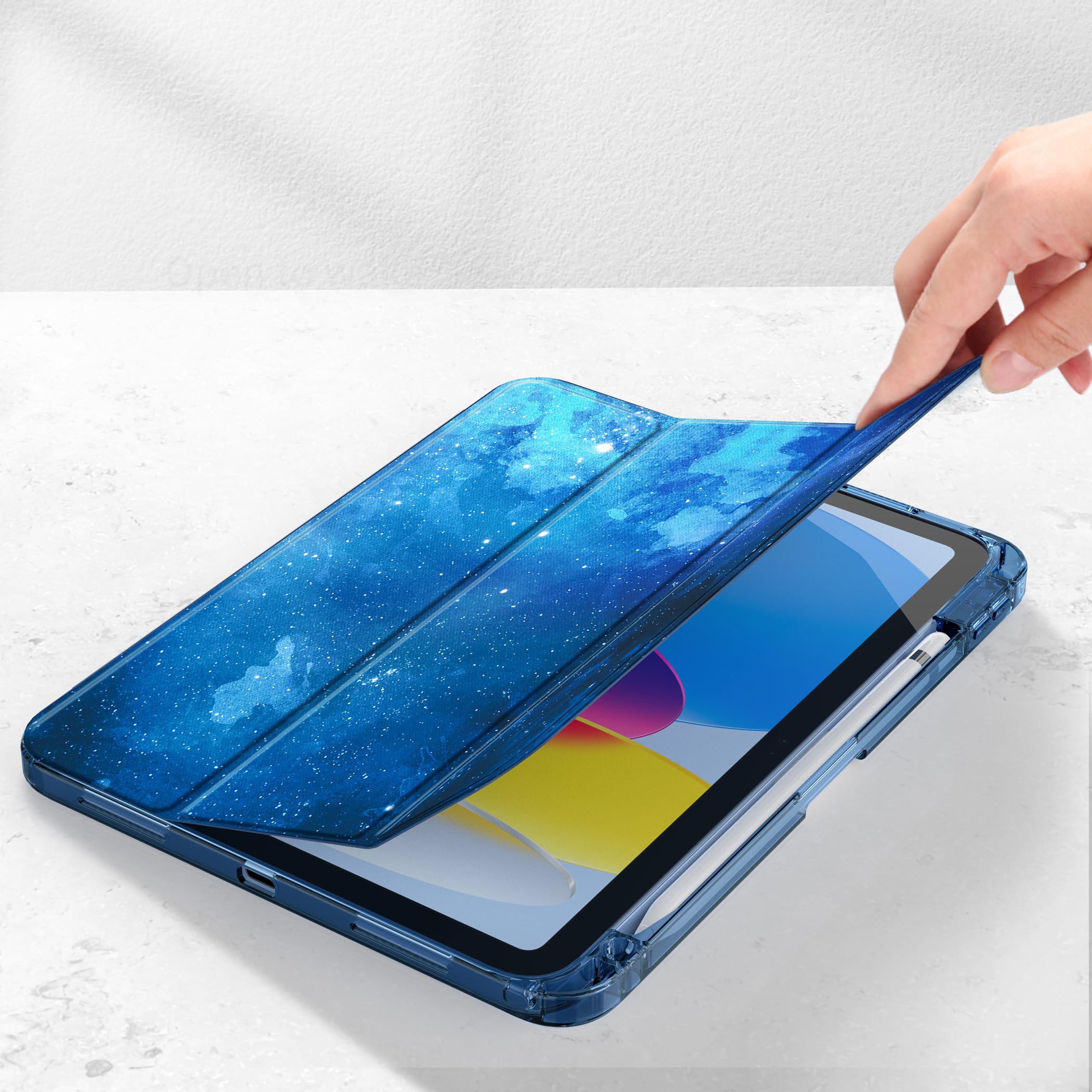 CACOE Custodia Cover Compatibile con iPad 10 generazione 2022, Ultra Sottile Retro Trasparente Cover con Portapenne, Motivo a Stella Blu