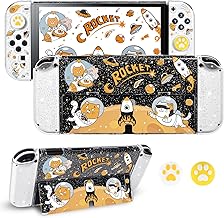 DLseego Astronaut Cats Glitter Clear Switch OLED Protective Case Dockable Console Hard Shell + TPU Joy Con Cover Shockproof Anti Scratch Skin with 2PCS Lovely Kitten Paw Thumb Grips for Switch 2021
