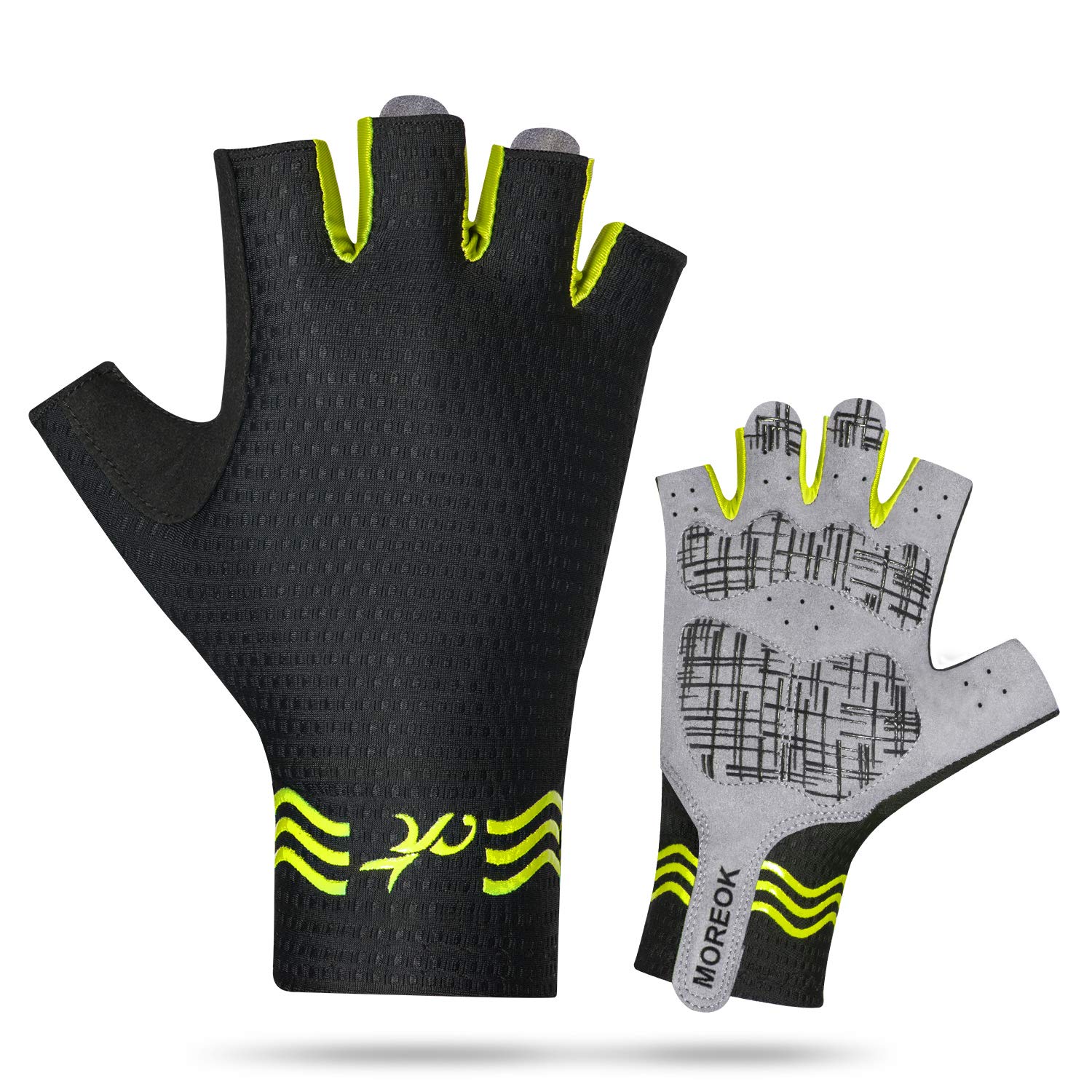 MOREOK Mens Cycling Gloves,Half Finger Biking Glove MTB DH Road Bicycle Gloves Gel Pad Shock-Absorbing Anti-Slip Breathable Motorcycle Mountain Bike Gloves Unisex Women 055yellow Small