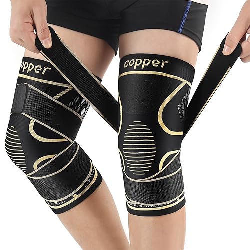 Copper Knee Braces with Strap for Knee Pain Women and Men(2 Pack), Knee Compression Sleeve for Arthritis, ACL, Meniscus Tear, Joint Pain Relief, Knee Support for Working, Running, Weightlifting(3XL) - Black+Copper - XXX-Large