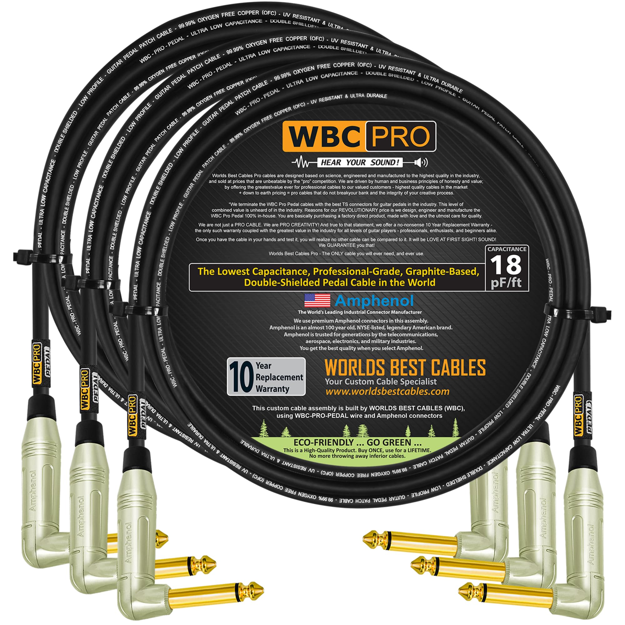 3 unidades - 30 pulgadas - Pedal WBC-PRO-- 22 AWG - Tapa baja (18 pF/pies) - Grado profesional - Basado en grafito - Pedal de doble blindaje, efectos, parche, cable de instrumento y conectores TS