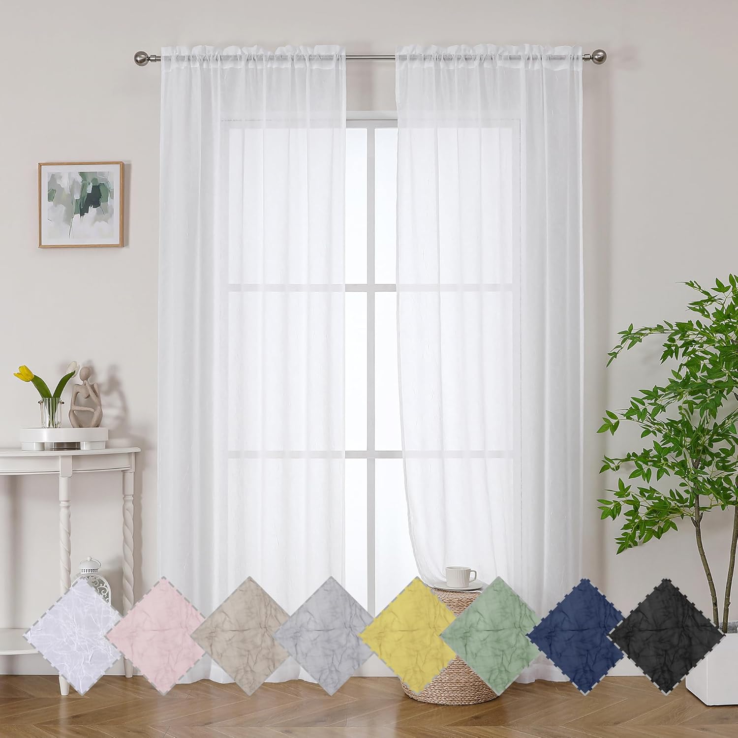 pack of 2. OWENIE Crushed Voile White Sheer Curtains 96 Inches Long 2 Panles Set for Living Room/Bedroom, Rod Pocket Elegant Crinkled Light Filtering Semi Sheer Drapes, 2 Pieces Total 84" Wide