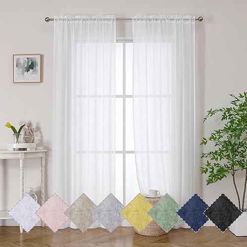 Miniatura 2 de OWENIE 2 paneles de cortinas traslúcidas blancas trituradas de 54 pulgadas de largo, cortinas de gasa con textura arrugada, filtrantes de luz,