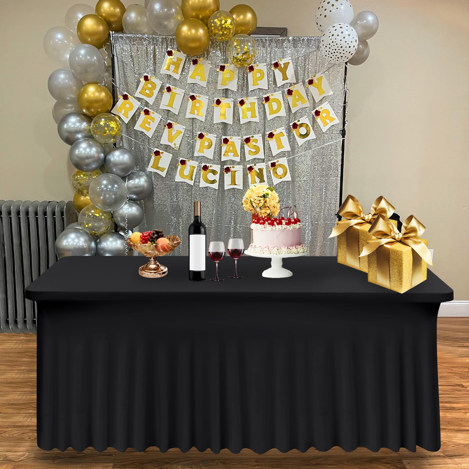 Lot de 2 jupes de table en élasthanne noir pour tables rectangulaires de 1,8 m, infroissables, nappe en élasthanne ajustée, nappe extensible avec jupe pour mariages banquets salons commerciaux fêtes