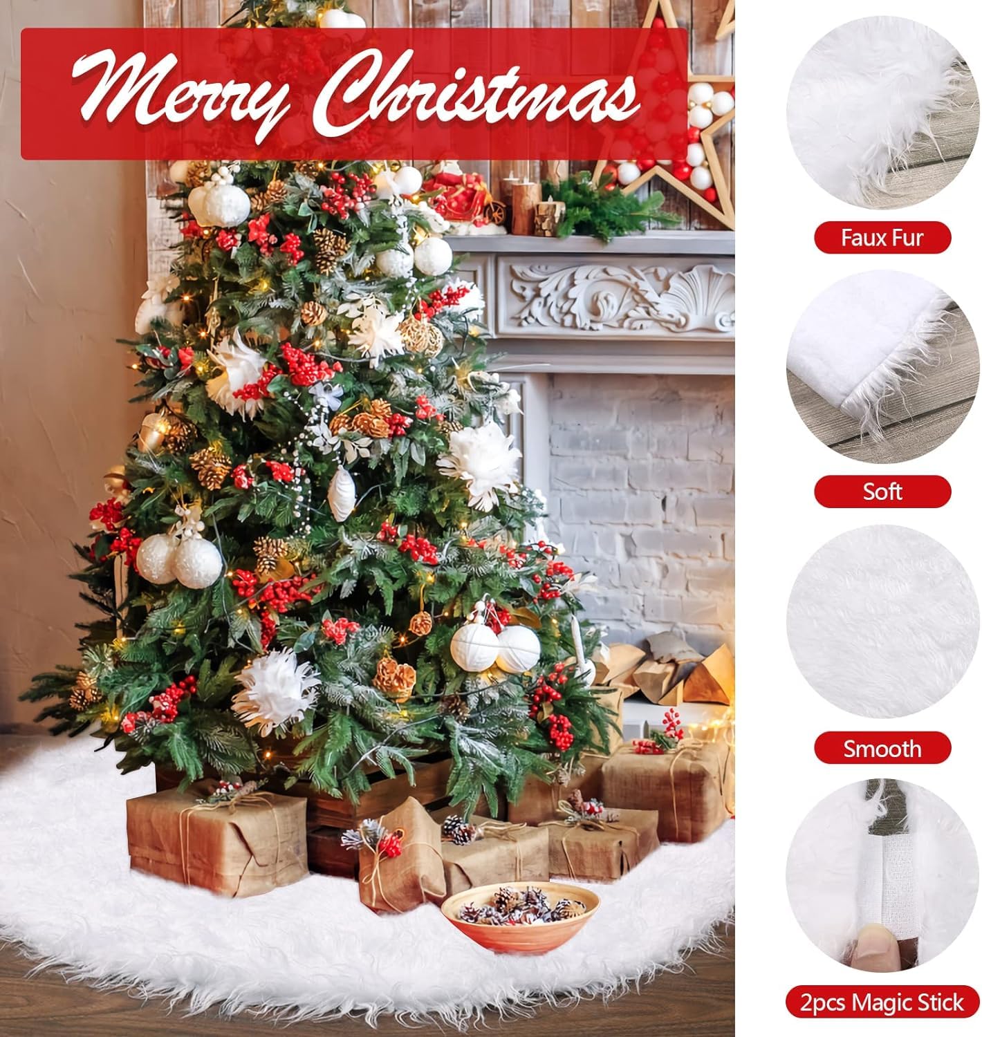 Dreamhigh Jupe de Sapin de Noël Blanc 122CM, Tapis en Peluche Couvre Pied pour Arbre de Noel Decoration