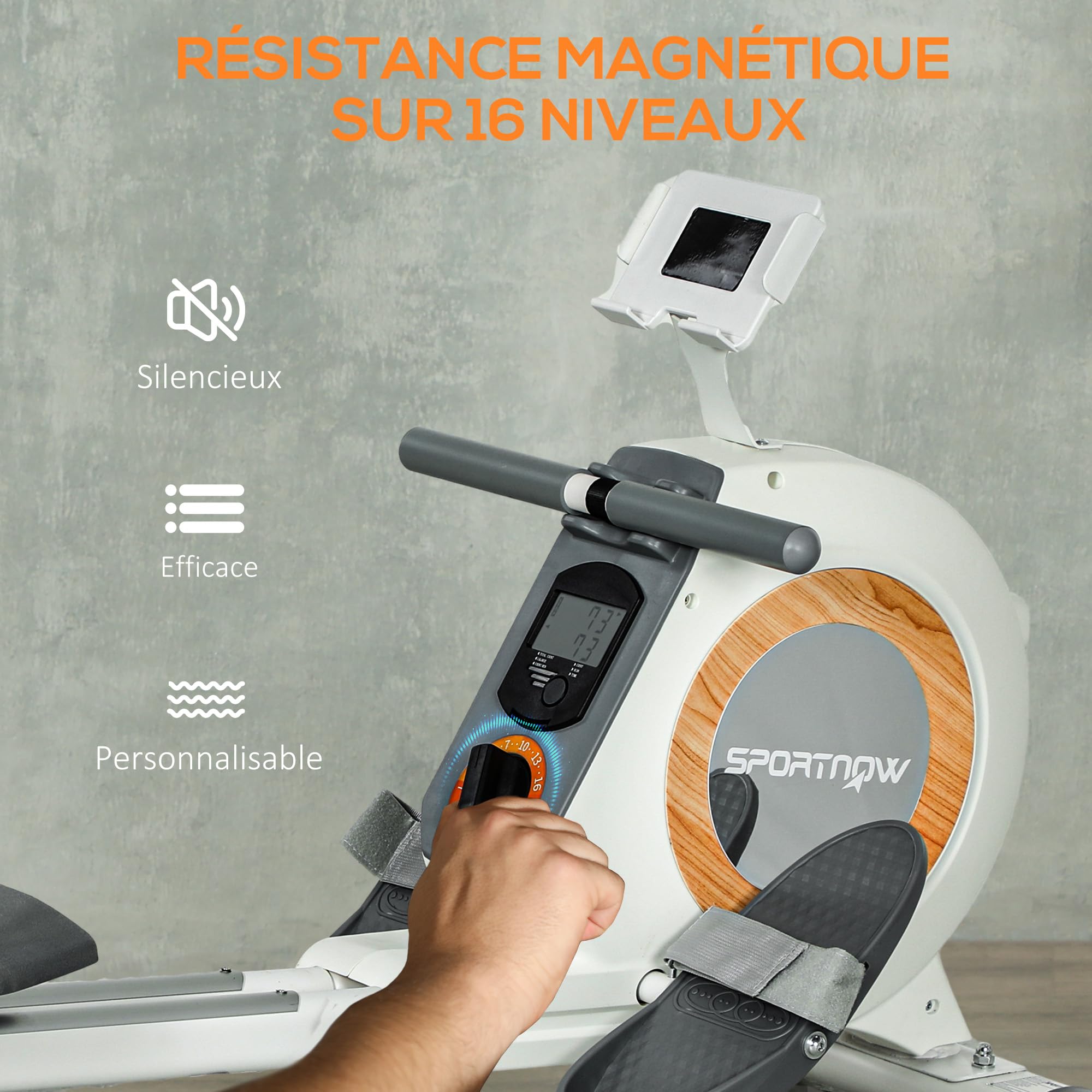 SPORTNOW Rameur magnétique à 16 Niveaux de résistance, rameur d'appartement Ultra Silencieux avec Support de téléphone et écran LCD, Stockage Vertical, Charge Max. 150 kg, Blanc et Gris