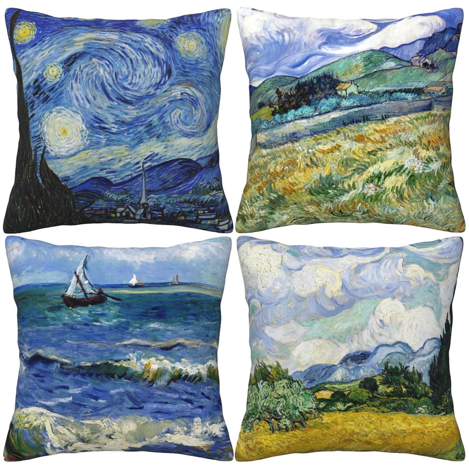HOSTECCO Van Gogh Pattern Cushion Covers 45x45 cm Set of 4 Art Painting Cushion Cases Abstract Square Decorative Pillow Covers for Sofa Couch Bed