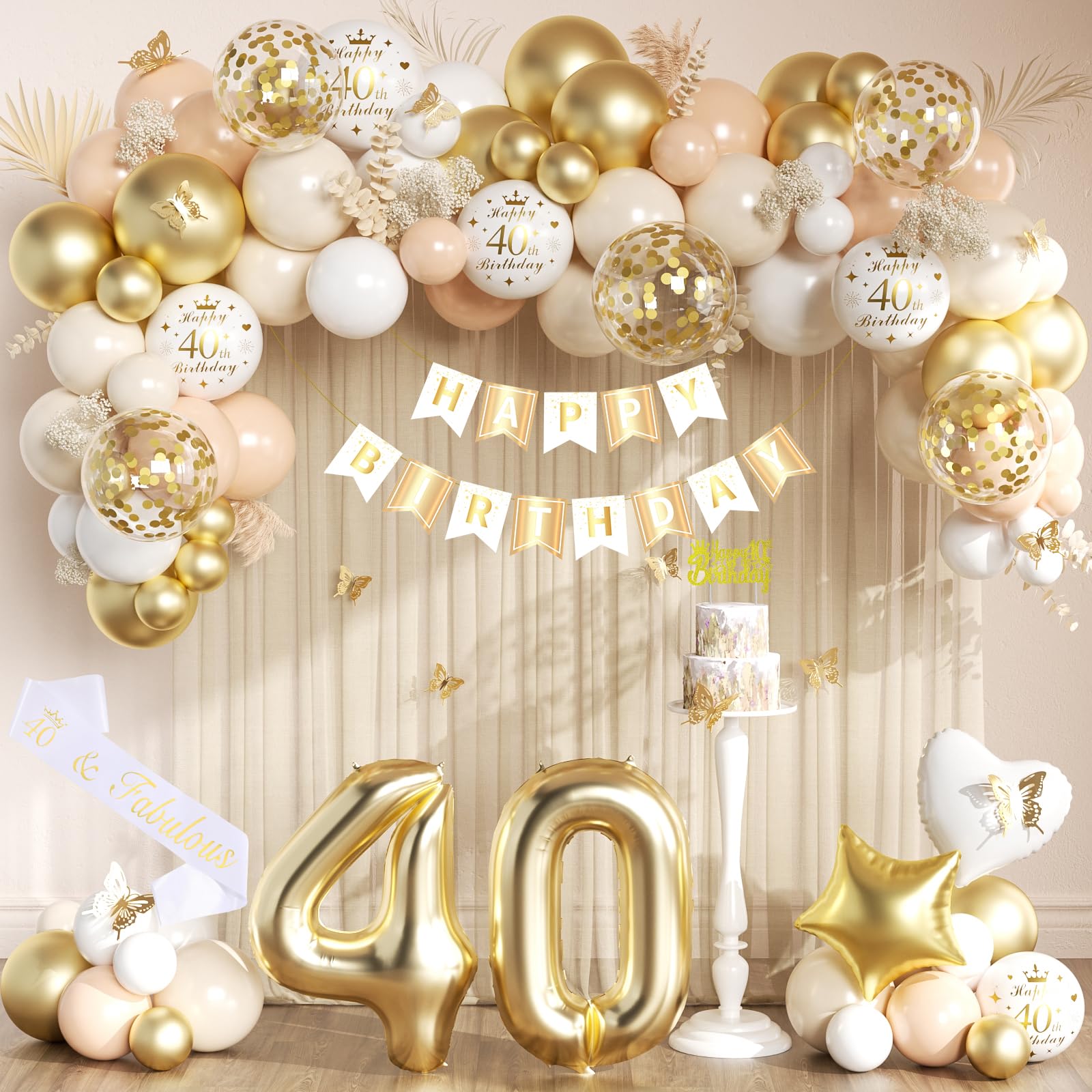 40th Birthday Decorations for Women, Gold Happy Birthday Banner, Sand White and Nude Latex Balloons, Gold Confetti Balloons, Number 40 Balloons, Cake Topper for Women 40 Year Old Party Supplies