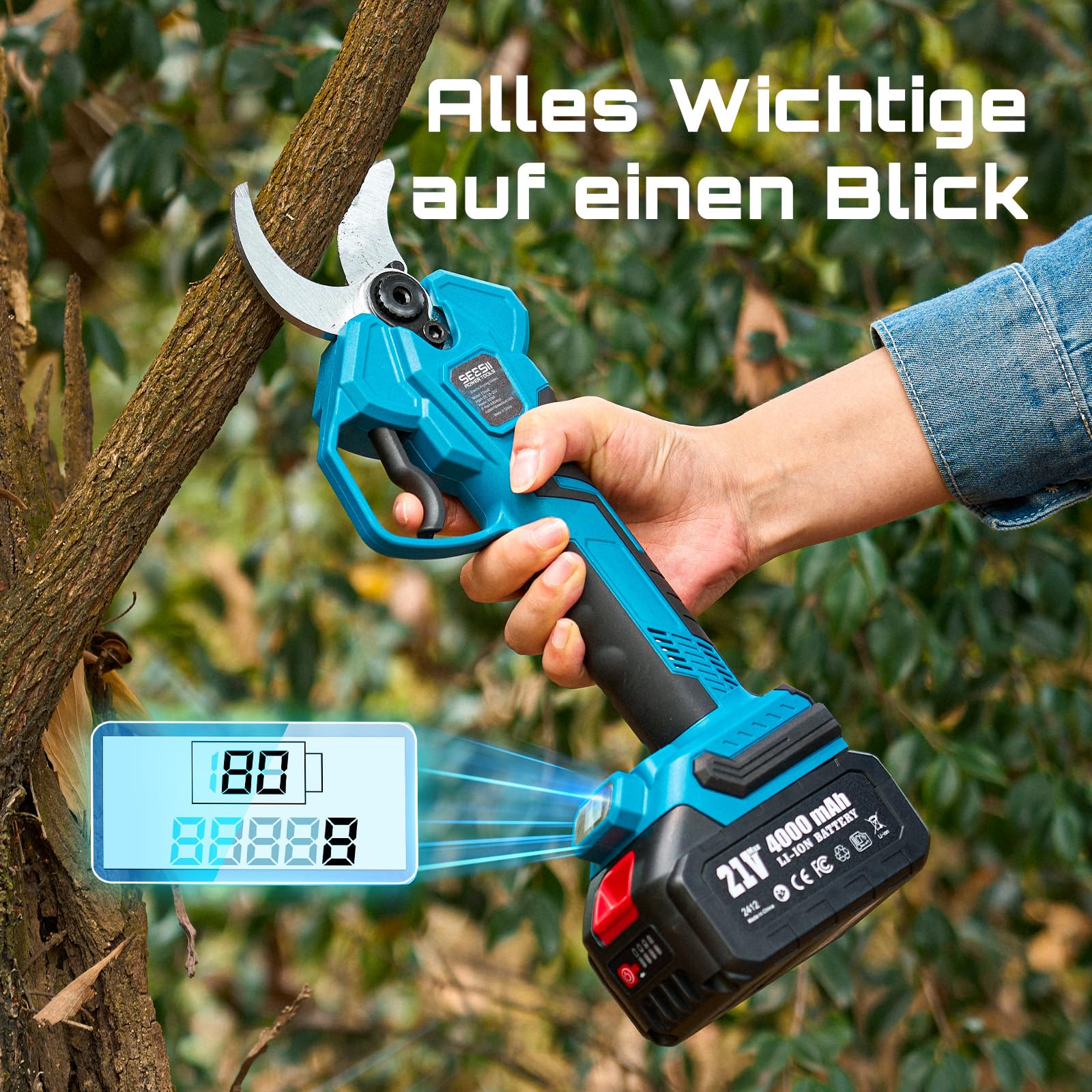SEESII Akku Astschere 40 mm – Elektrische Gartenschere mit 2 * 4000 mAh Akkus, SK5-Klinge, Bürstenlosem Motor, LCD-Anzeige, Für Obstgärten, Landschaftspflege und Professionelle Gartenarbeiten, CS440