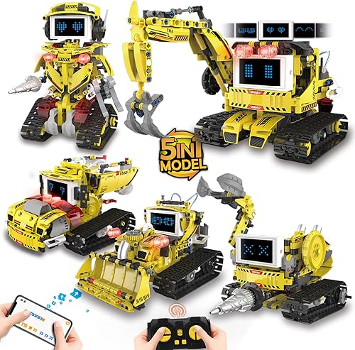 Juego de bloques de construcción de robot programable 5 en 1 para niños de 8 a 14 años, con aplicación o control remoto y pantalla LED, regalo