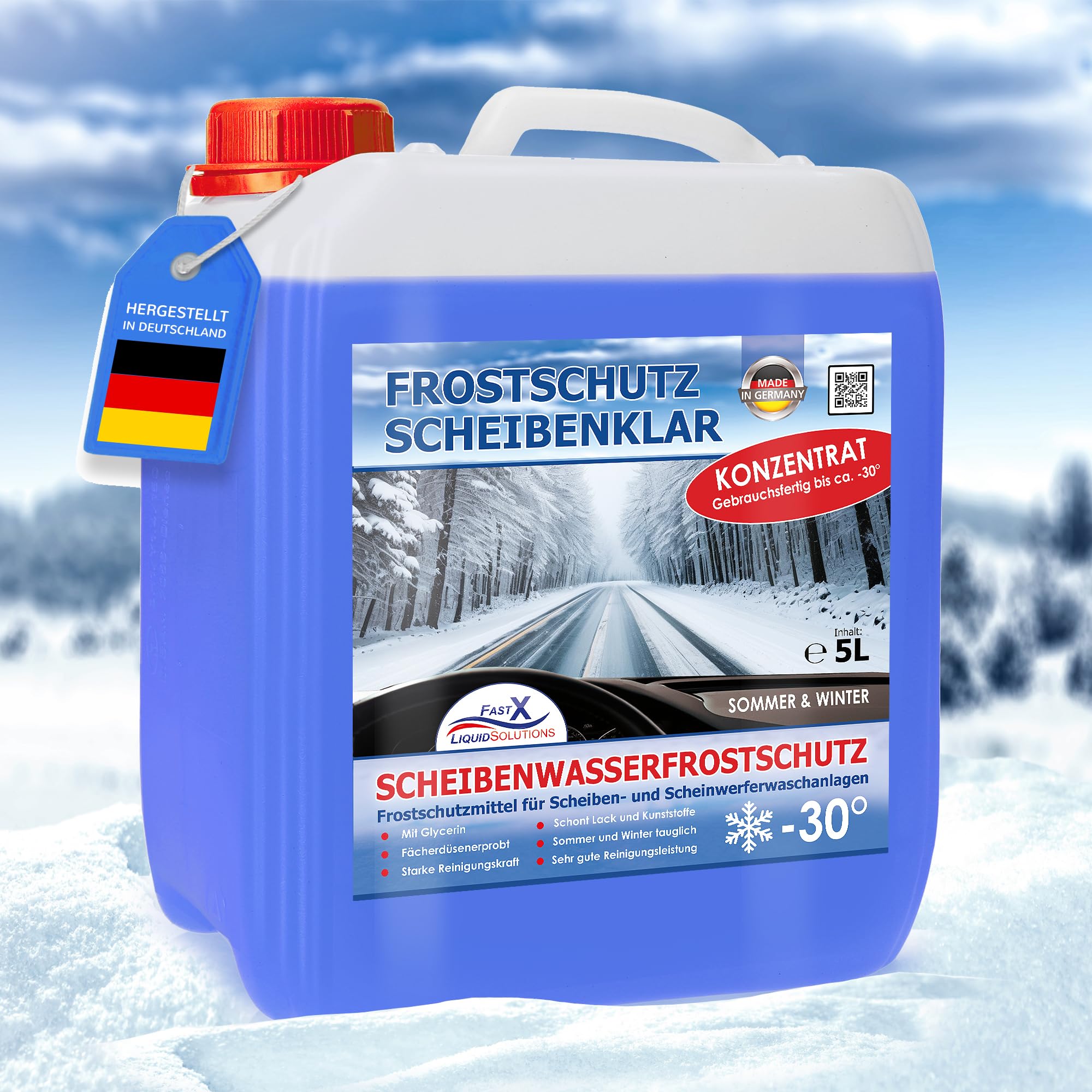 FAST X Scheibenfrostschutz/Scheibenwischwasser für Auto/LKW– 5 Liter Kanister– Winter und Sommer – Schutz bis -30°C (5 Liter) (4x5 Liter)