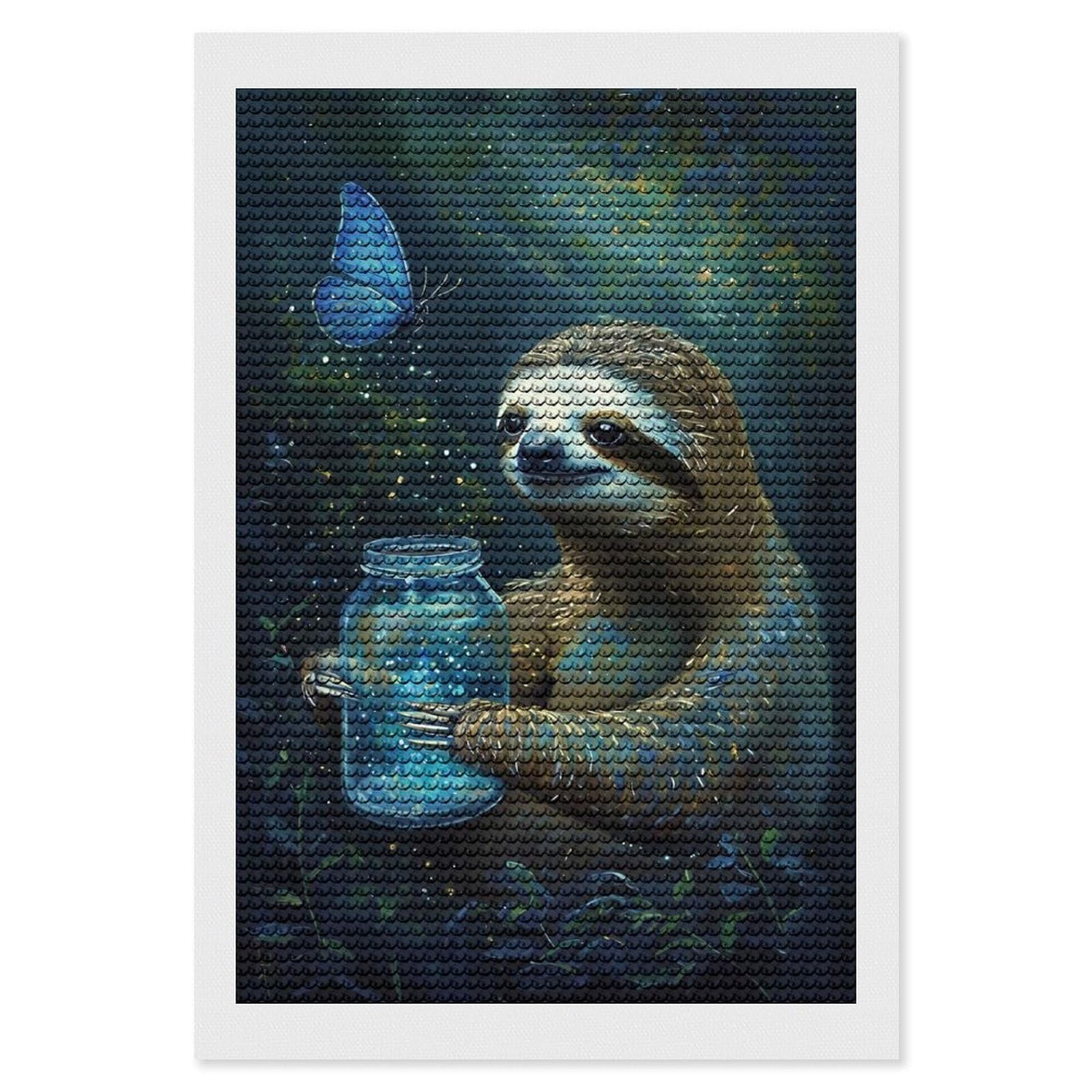 Junmoney Sloth with Firefly Jar Diamond Art Canvas 8"x12", for Creative Relaxation, Simple to Start, Aesthetic Room Decor, Holiday Gift Idea