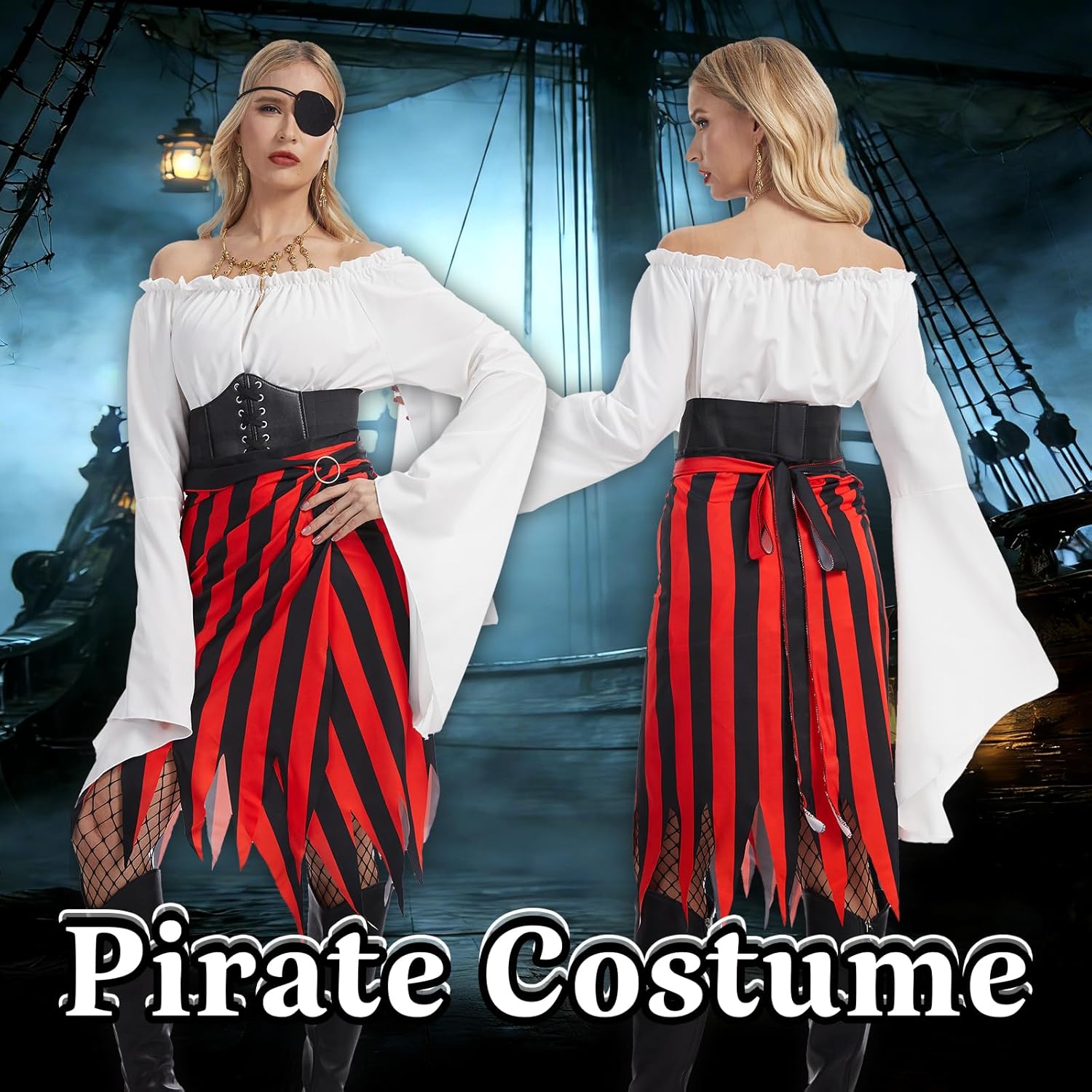 Women Pirate Costume Adult Pirate Skirt Set with Head Scarf Eye Patch Skeleton Necklace for Halloween Cosplay - Image 4
