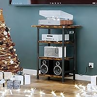 Homeiju 4-Tier Wooden AV Media Stand with Power Outlet - Record Player TV Stand, Entertainment Center Storage Shelves for Bedroom Living Room, Brown