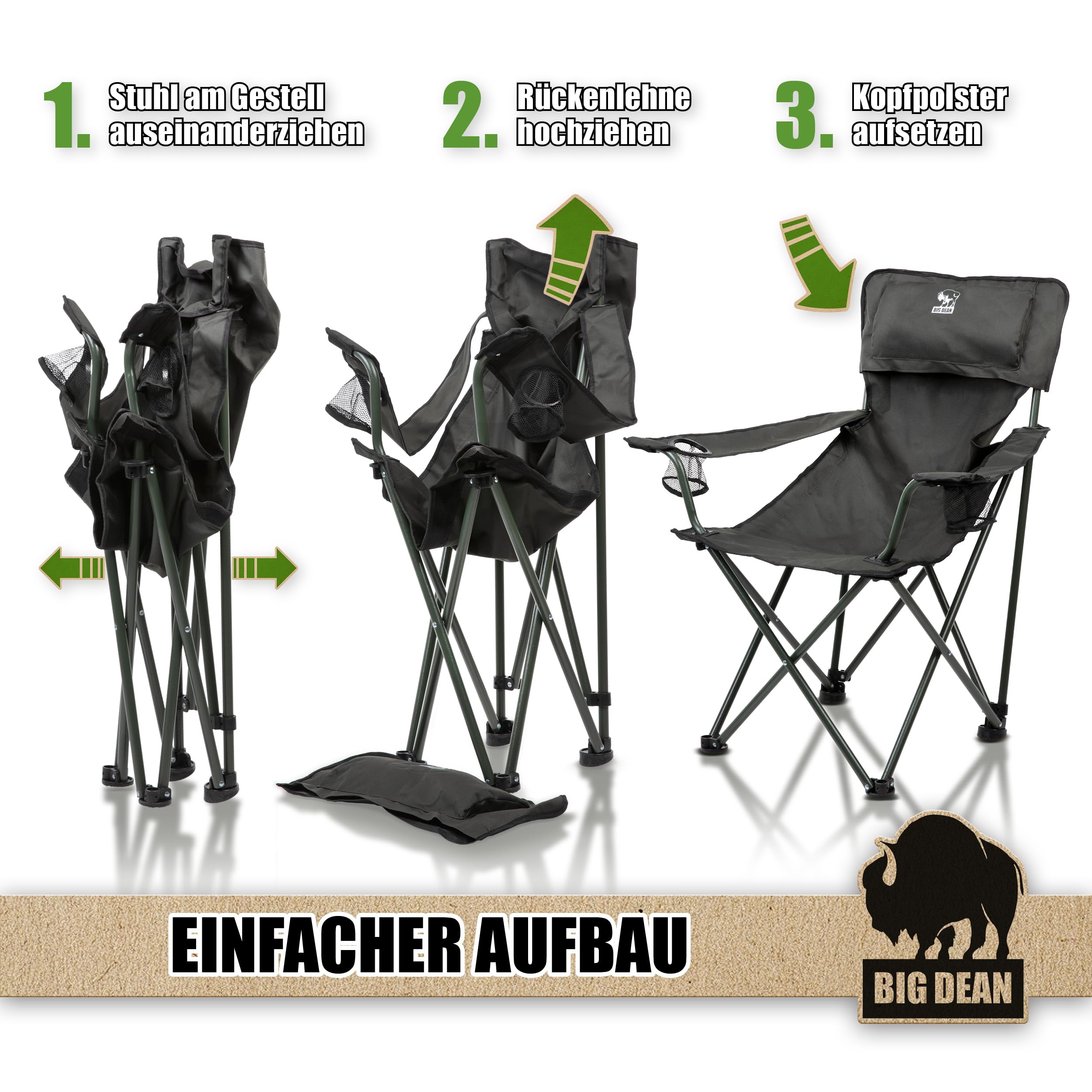 BigDean Luxus Campingstuhl Faltbar 150 KG belastbar Großer Hochlehner