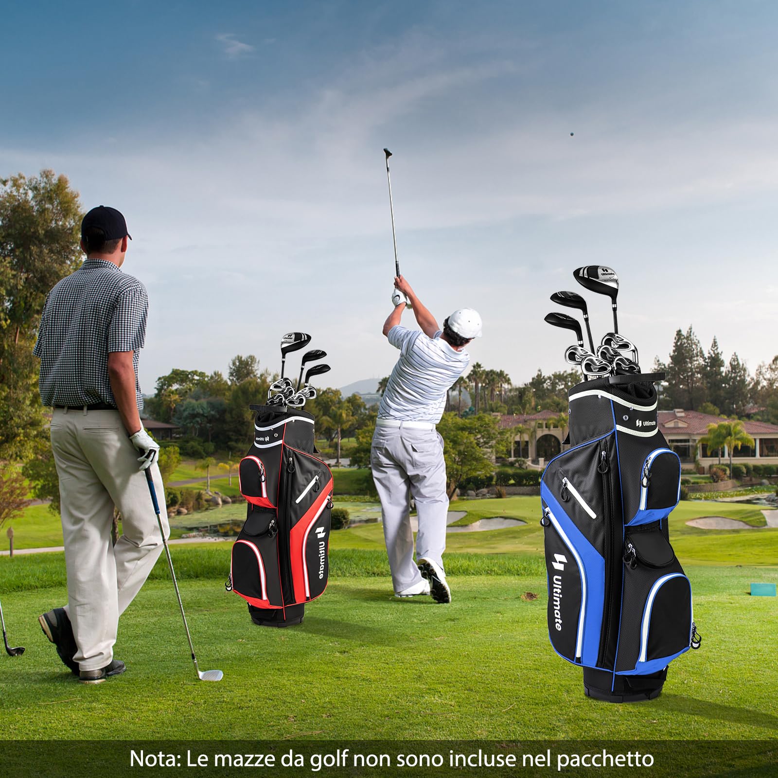 COSTWAY Borsa da Golf con Divisori Superiori a 14 Vie, 9 Tasche, Tasca Termica, Tasca per Scarpe, Porta Ombrello, Doppia Tracolla e Cappuccio Antipioggia, Sacca da Golf per Uomo e Donna