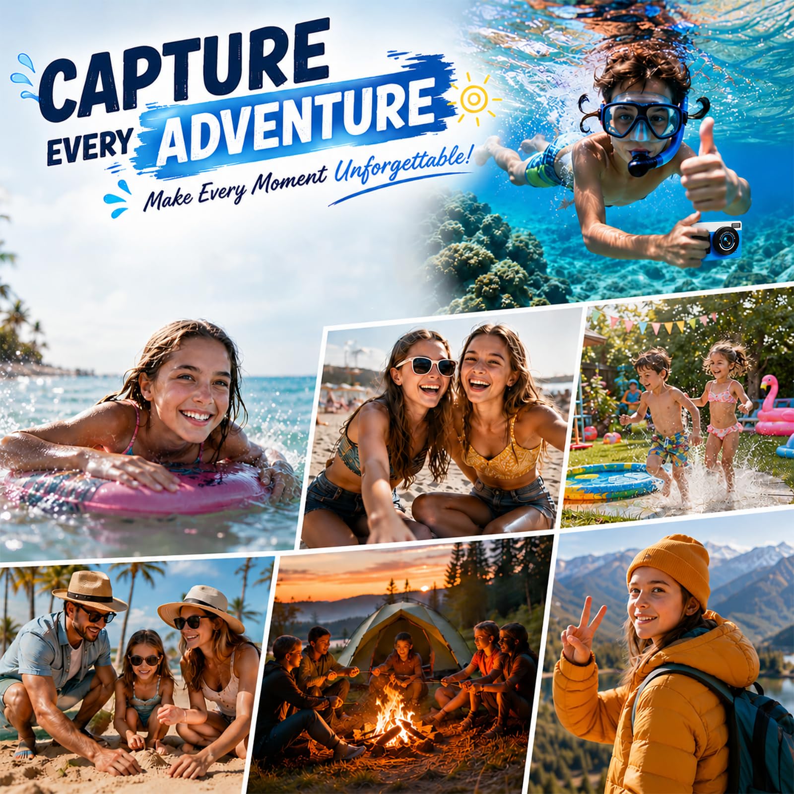 Maxmango D70 Fotocamera Subacquea 4K 48MP, Macchina Fotocamera Impermeabile 10FT per Piscina Spiaggia, Doppio Schermo Autofocus Zoom 18X, Macchina Fotografica Regalo per Ragazzi e Adulti, 16GB, Blu