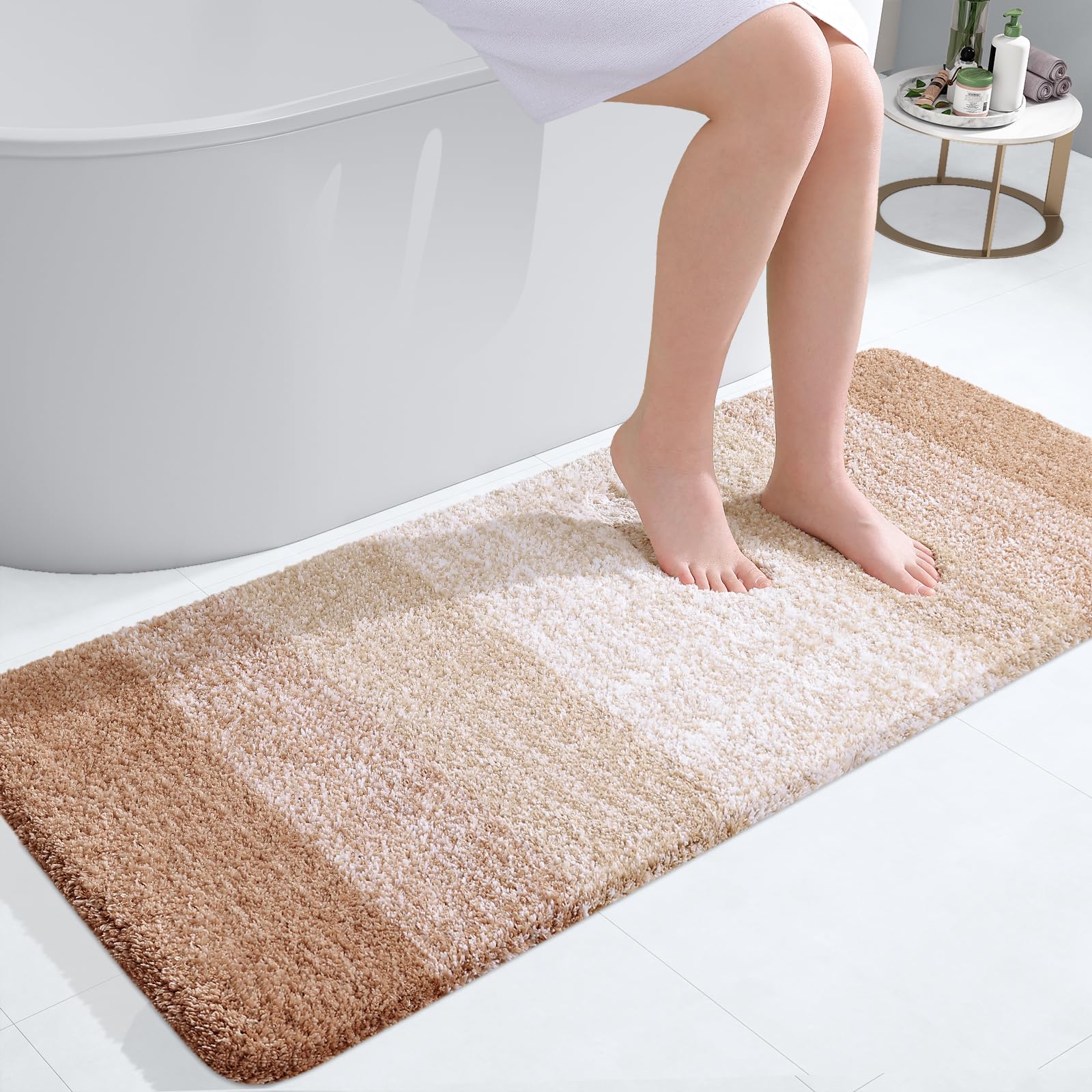 OLANLY Bathroom Runner Rug 47x20, Extra Soft Absorbent Microfiber Bath Rugs | Beige, Non-Slip Quick-Drying Rubber Backing, Machine Washable Long Bath Mat for Floor, Tub and Shower, Home Decor Accessories