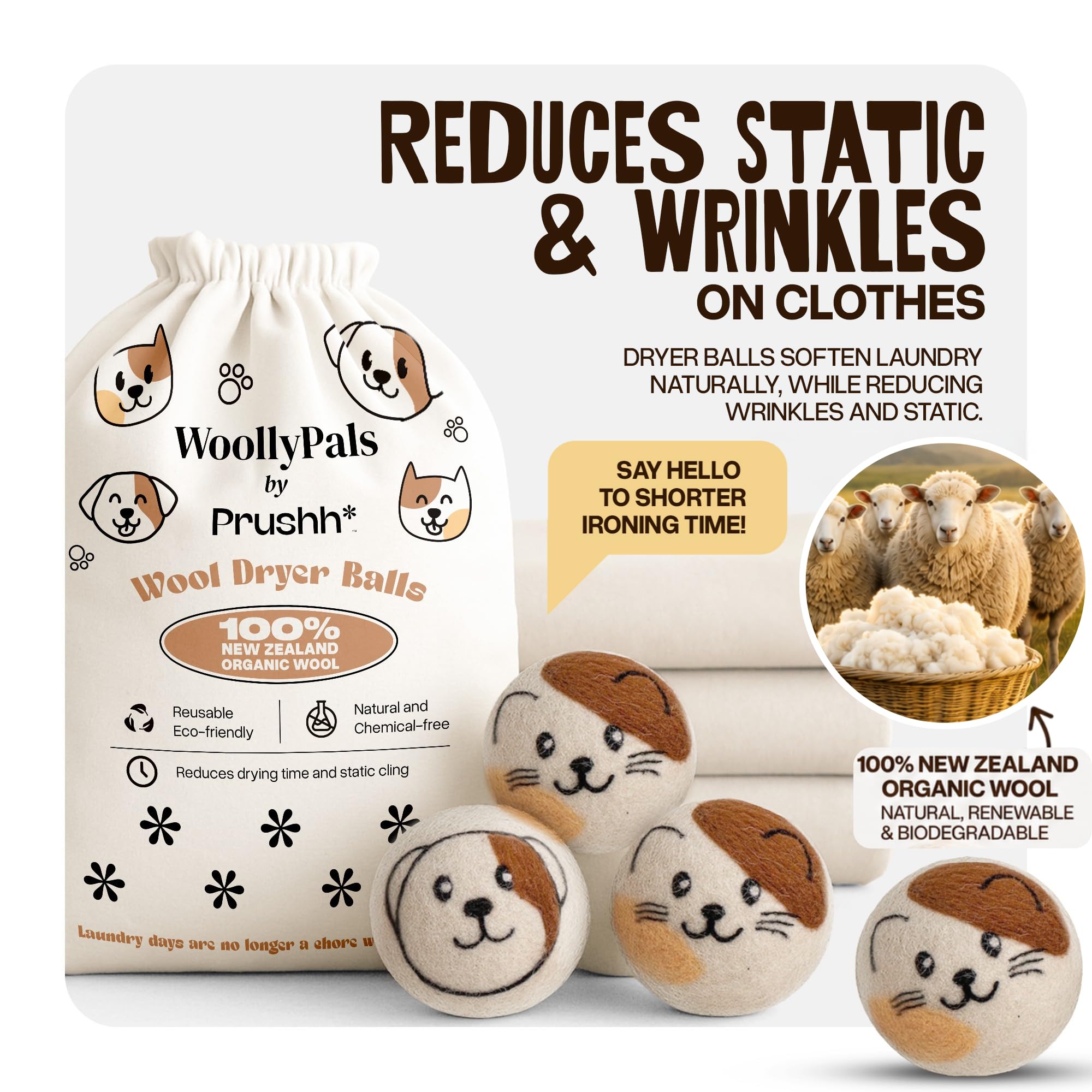 WoollyPals, palline di lana per asciugatrice (confezione da 6, misura XL) – 100% lana biologica neozelandese – sostenibili ed ecologiche – asciugano 1.000 carichi, sostituiscono i fogli per
