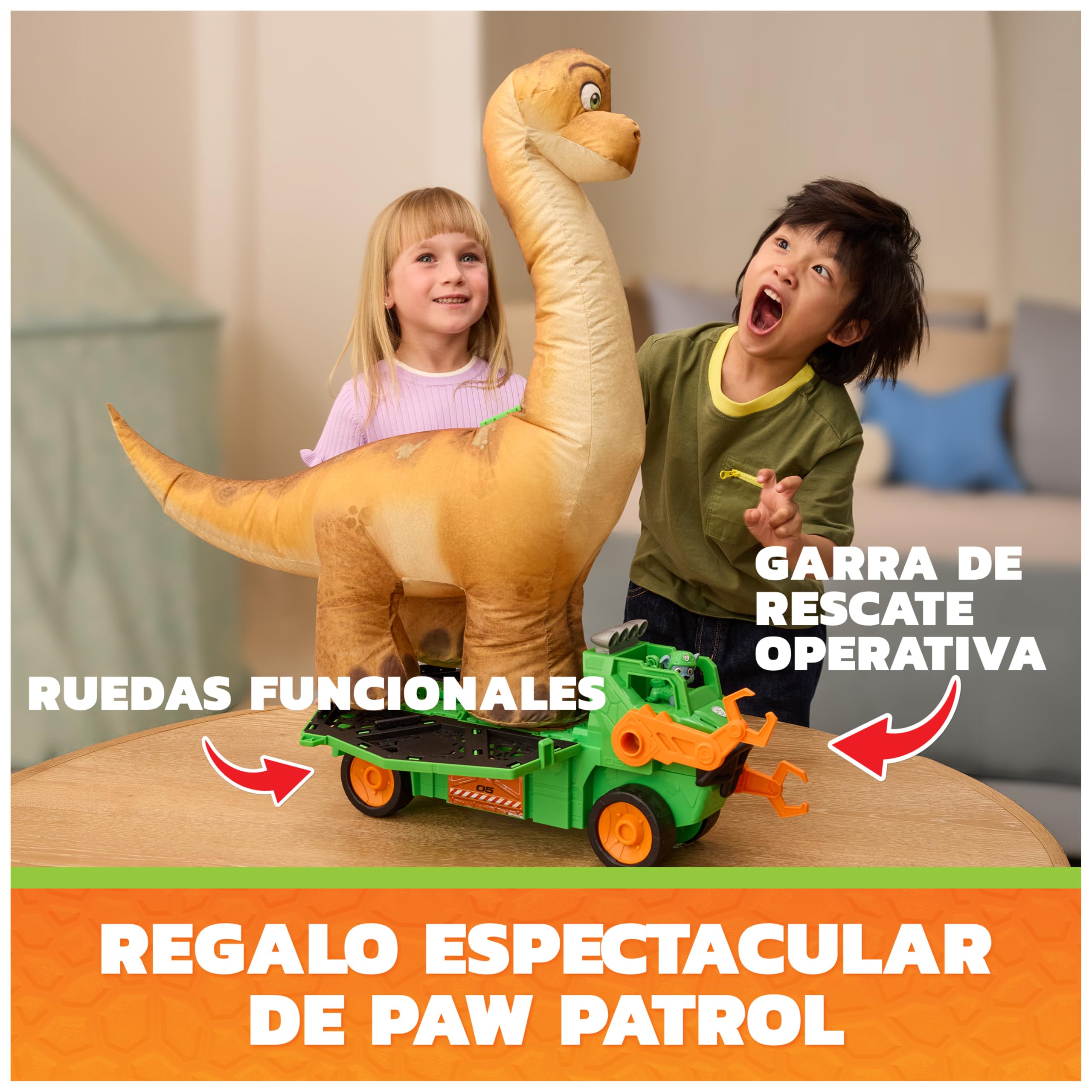 Paw Patrol: The Dino Movie, vehículo de Dinosaurio Megasaurus con Dinosaurio Inflable de 76,2 cm y Figura de acción de Rocky, Juguetes para niños y niñas preescolares, a Partir de 3 años